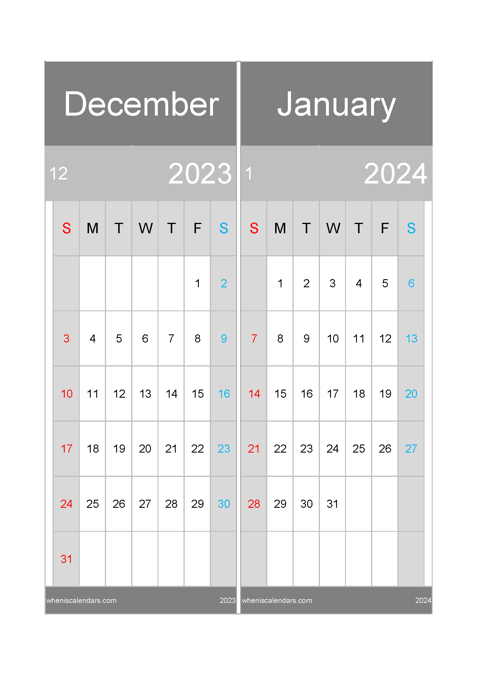 Download calendar for the month of December 2023 and January 2024 A4 DJ23047