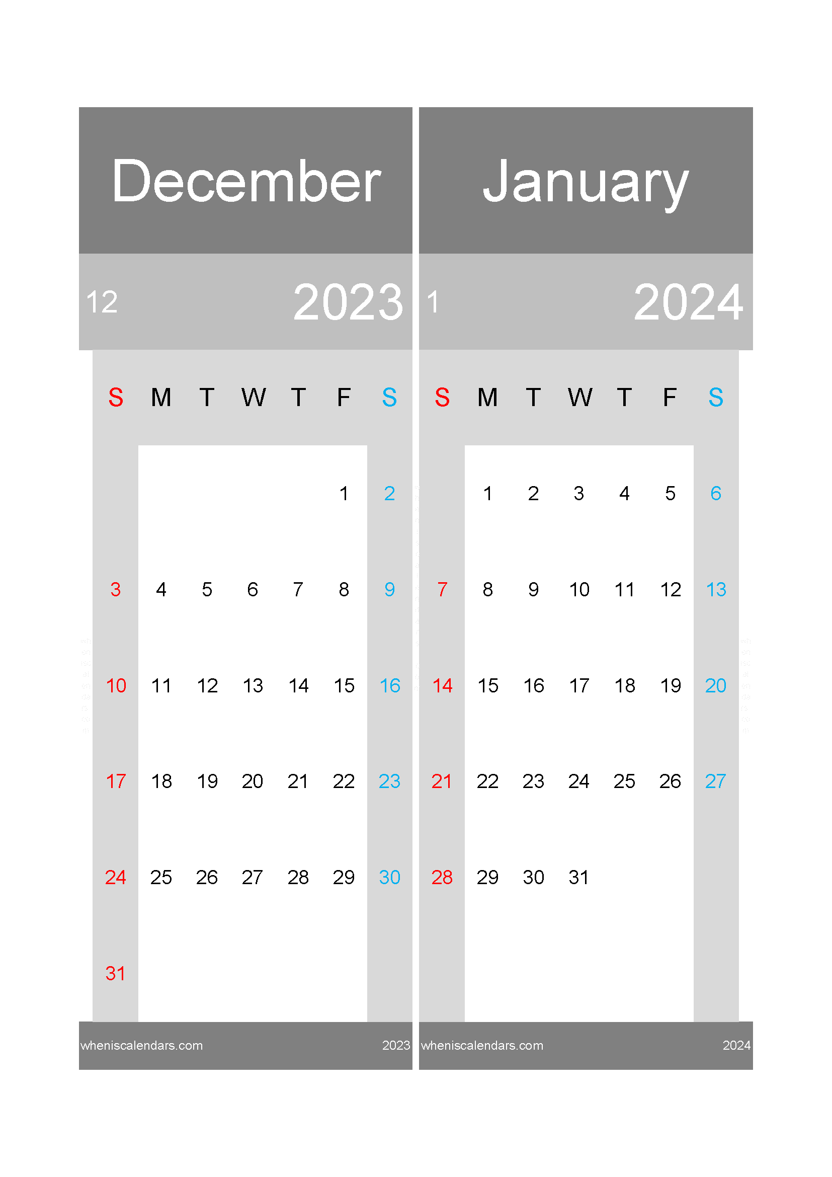 Download printable calendar December 2023 and January 2024 A4 DJ23018
