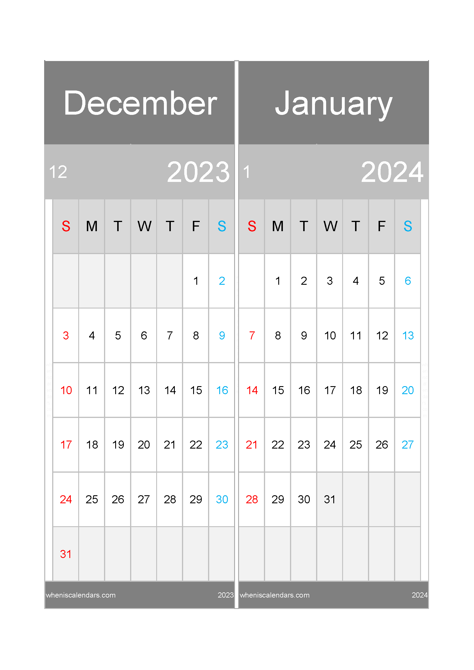 calendar for December 2023 and January 2024 DJ232019
