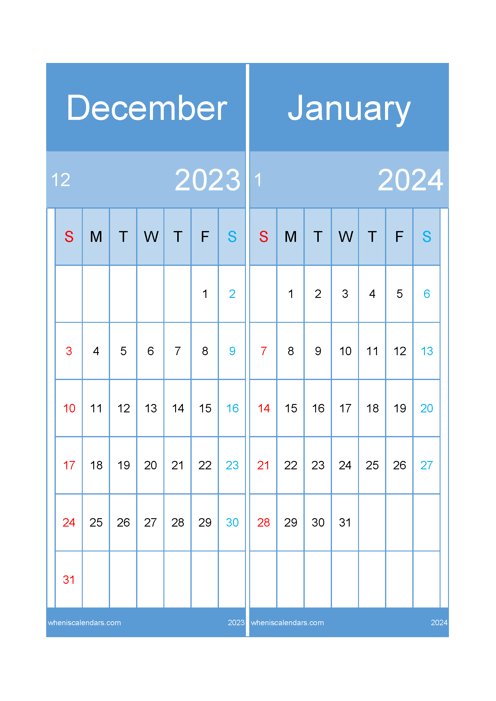 Download calendar Dec 2023 and January 2024 A4 DJ23021