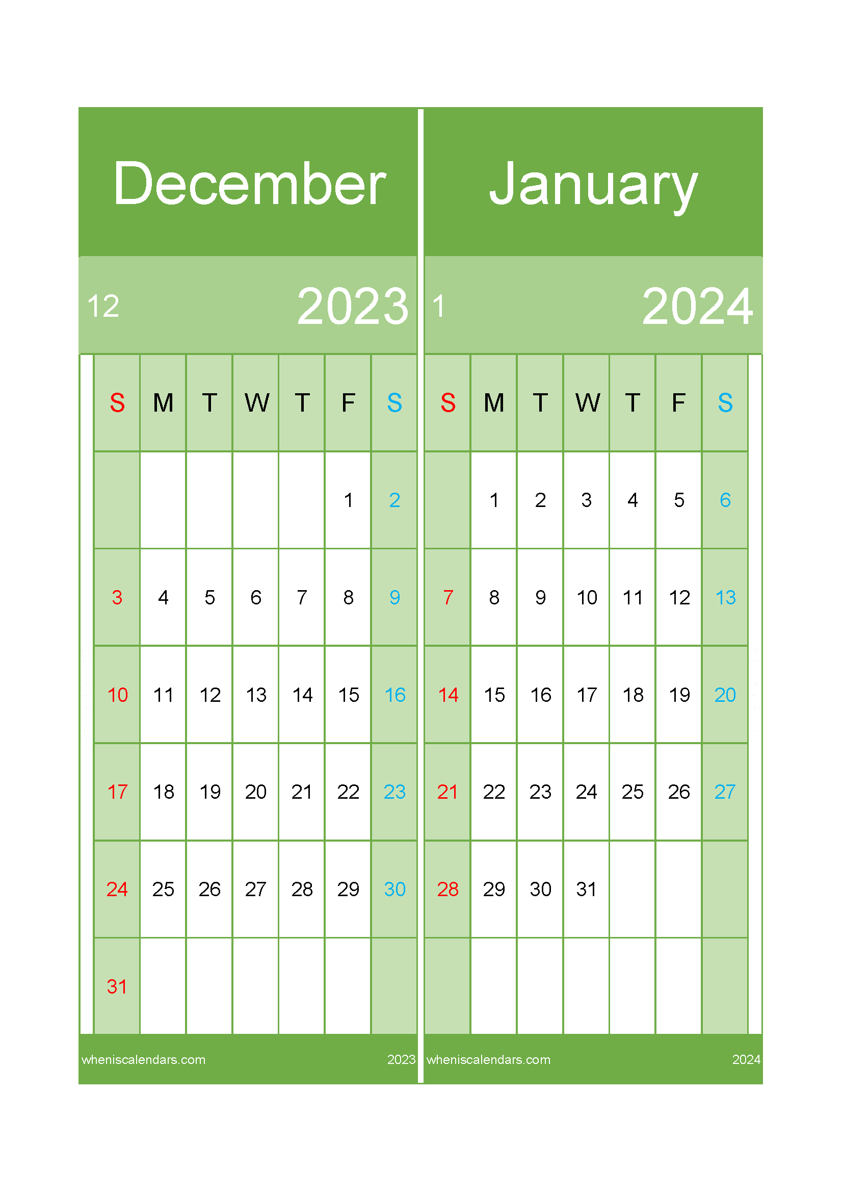 January 2024 and December 2023 calendar DJ232027