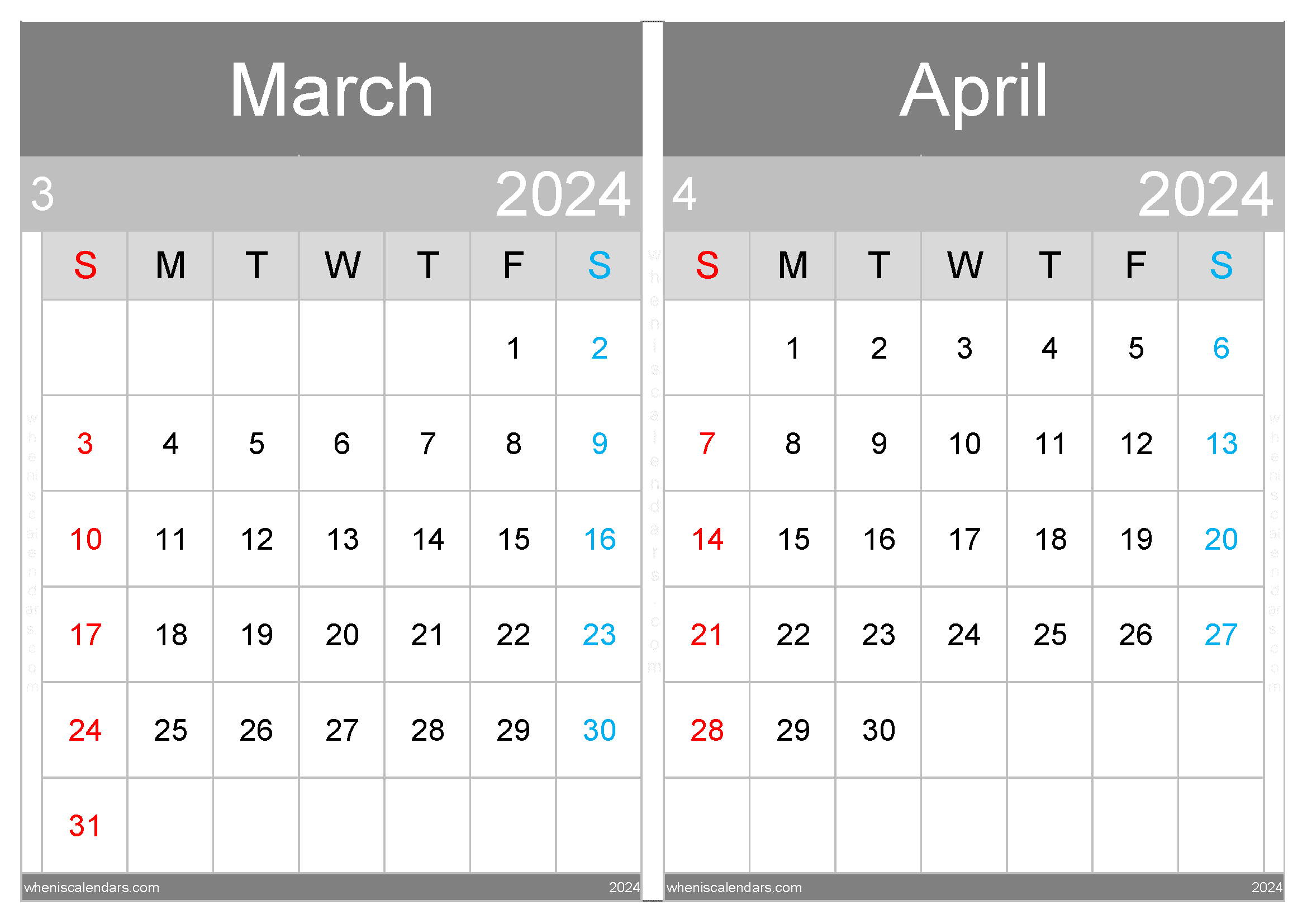 Download printable calendar March April 2024 A4 MA24031