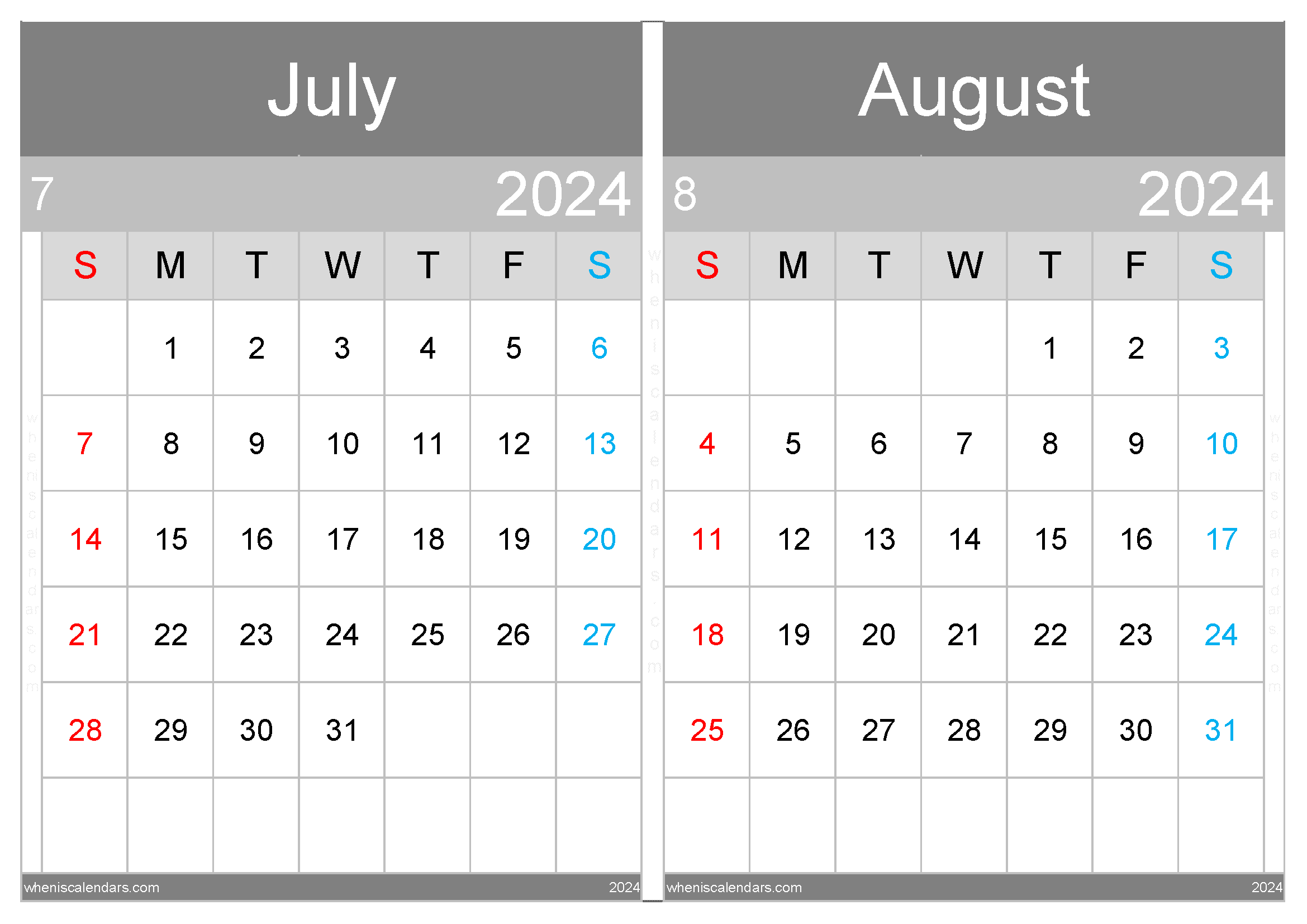 Download printable calendar July August 2024 A4 JA24031