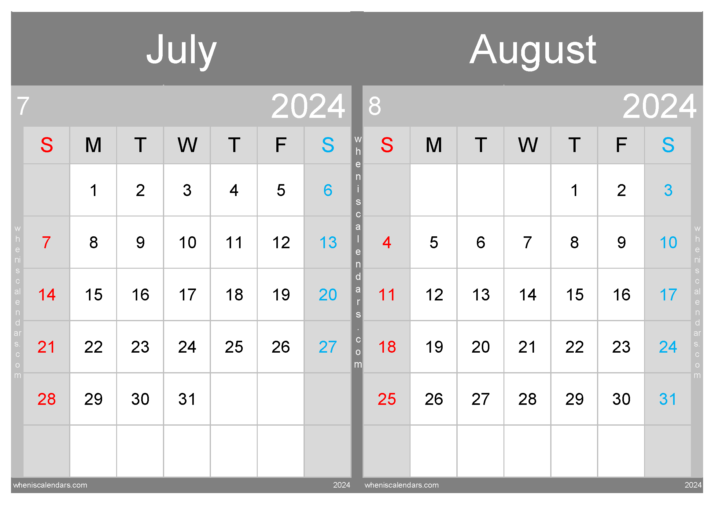 Download Jul August 2024 calendar A4 JA24002