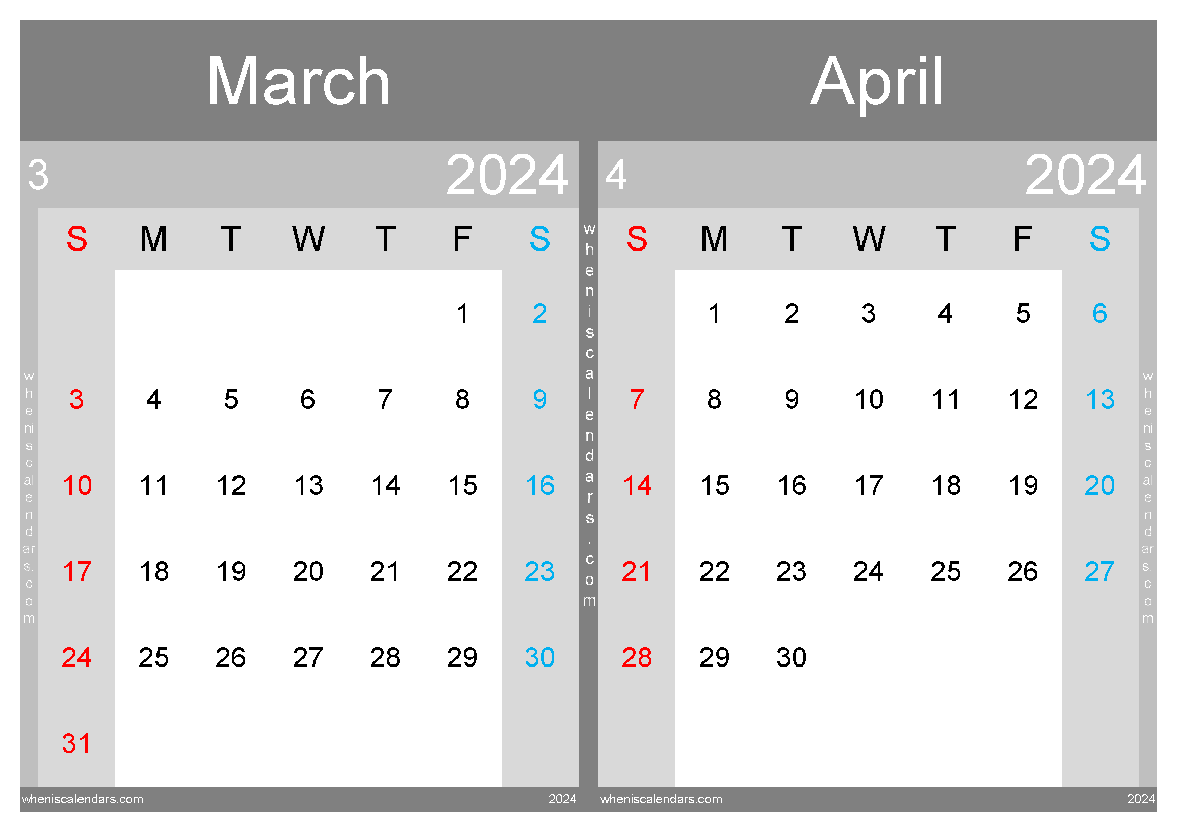 Download printable March and April 2024 calendar A4 MA24033