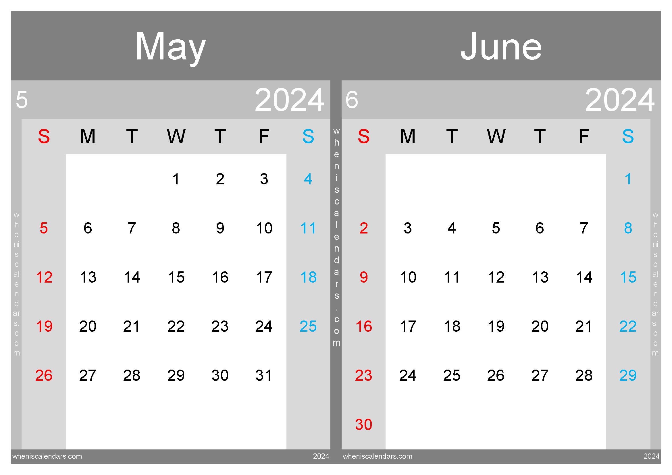 Download printable May and June 2024 calendar A4 MJ24033