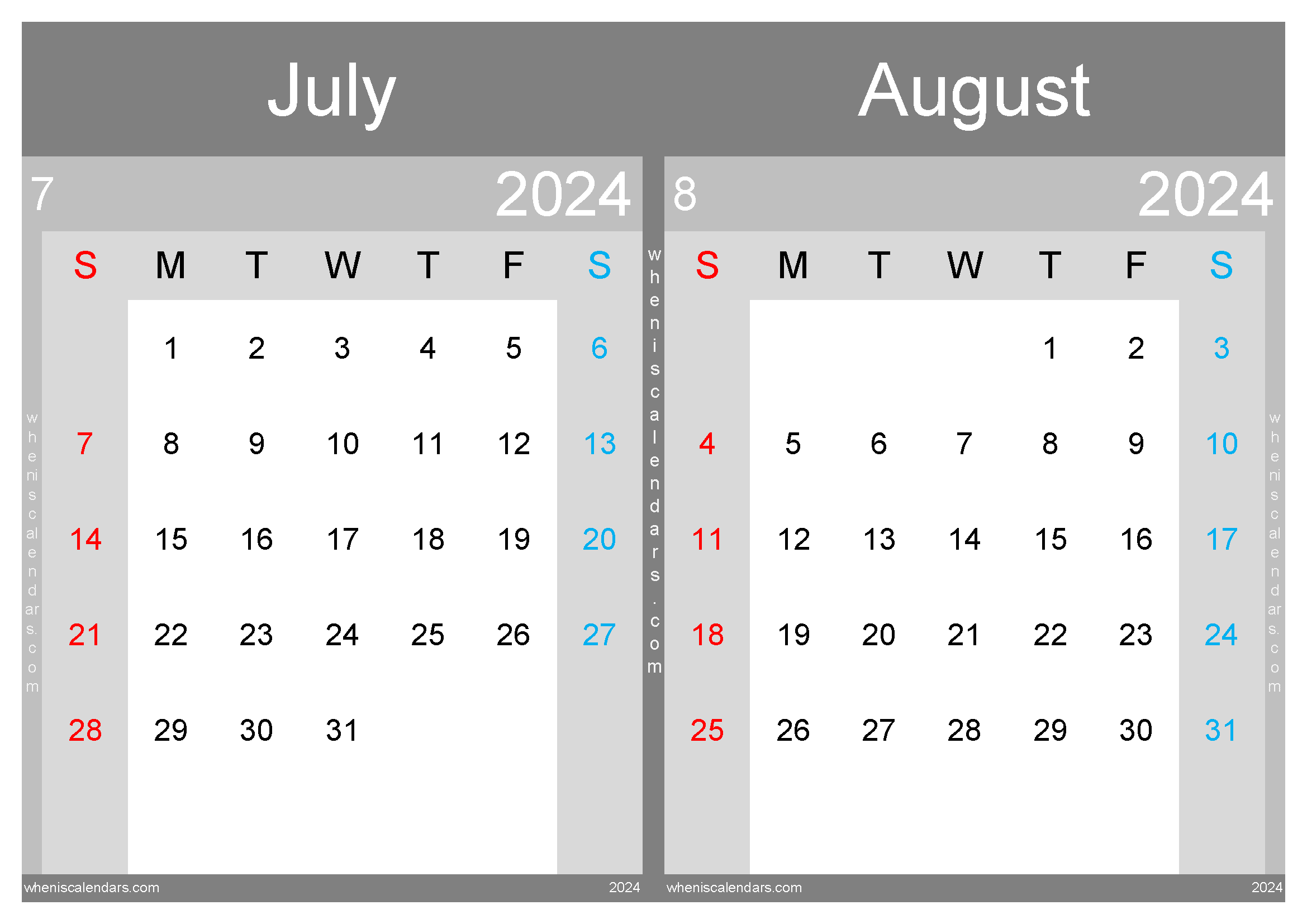 Download printable July and August 2024 calendar A4 JA24033