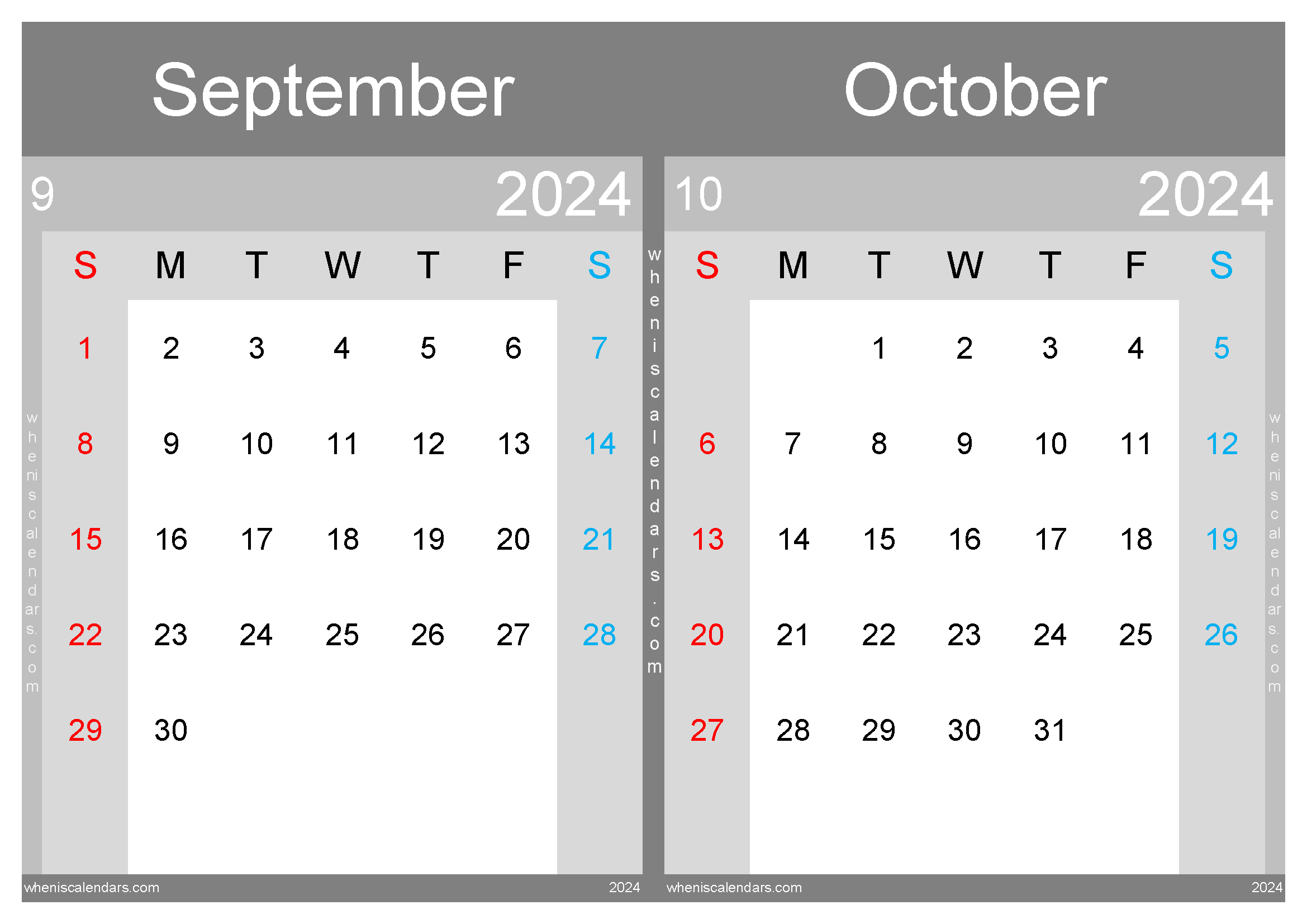 Download printable September and October 2024 calendar A4 SO242033