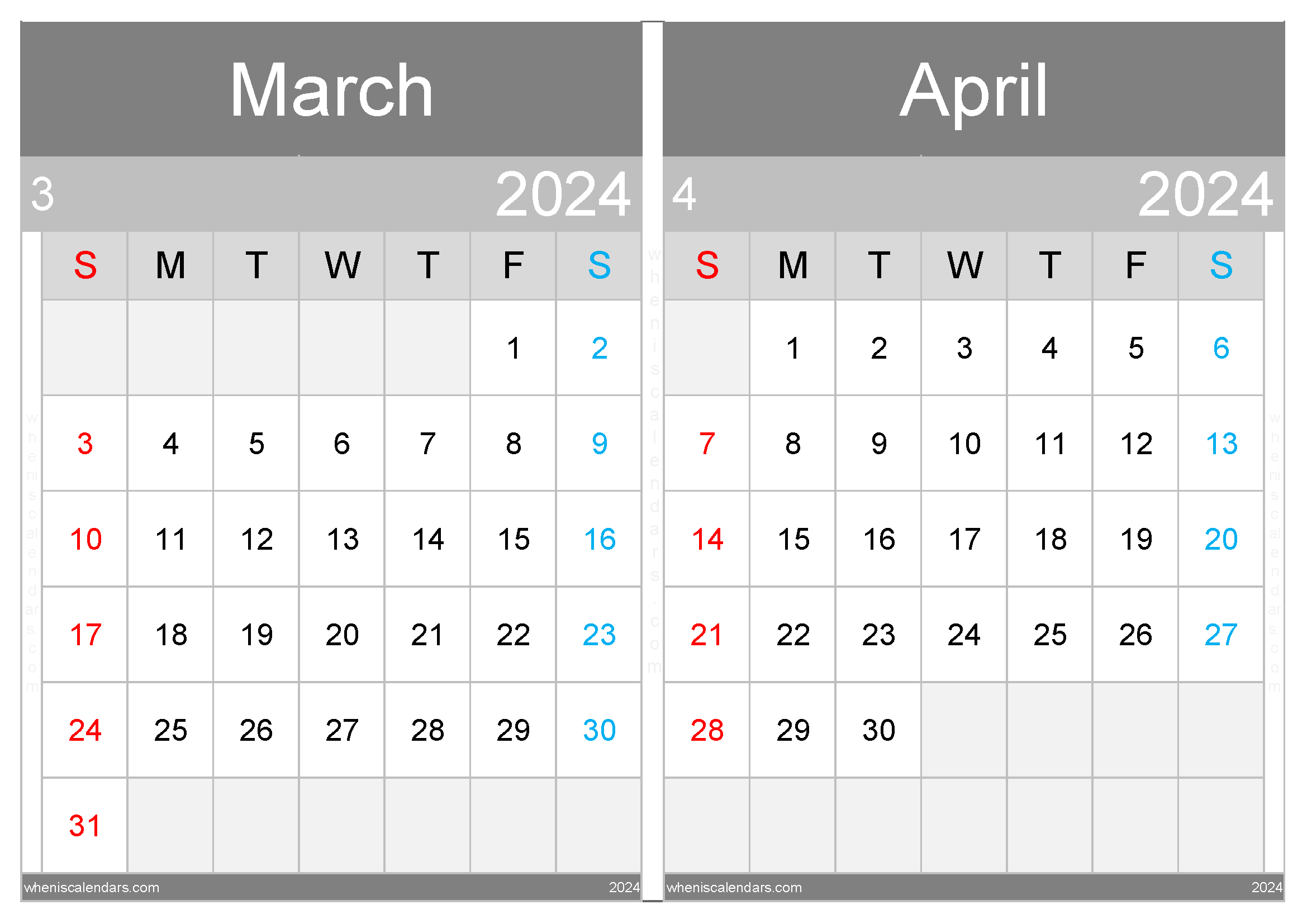 Download March and April 2024 printable calendar A4 MA24034