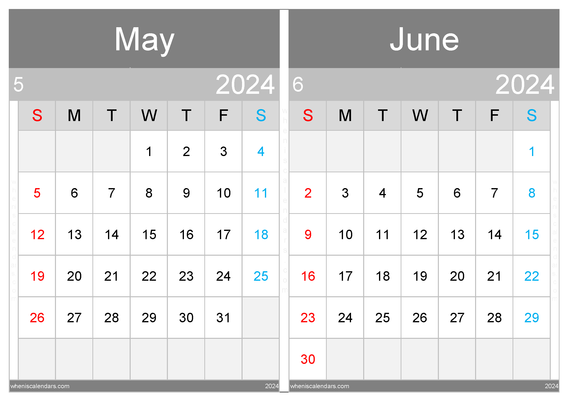 Download May and June 2024 printable calendar A4 MJ242034