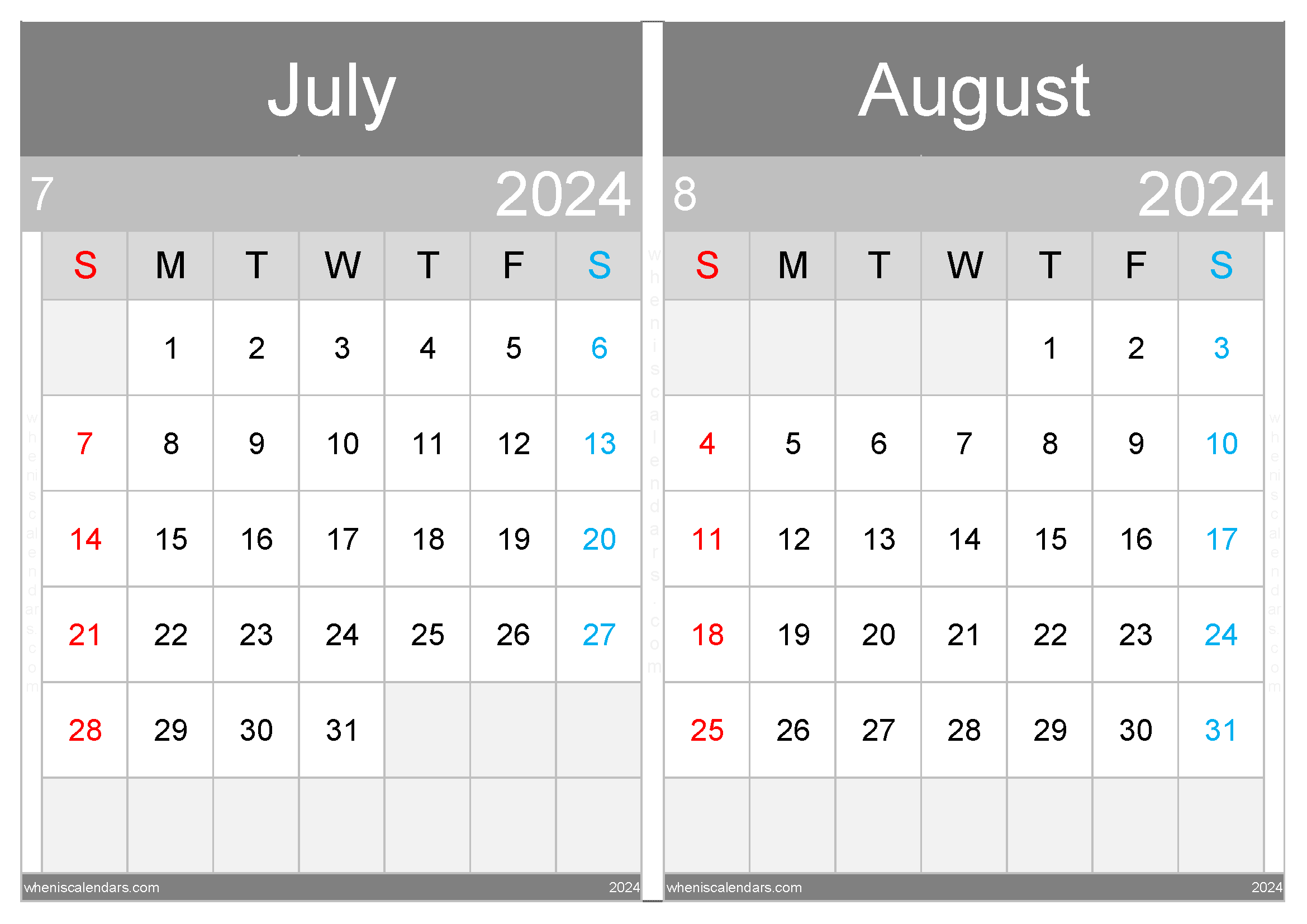Download Jul and Aug 2024 calendar A4 JA24004