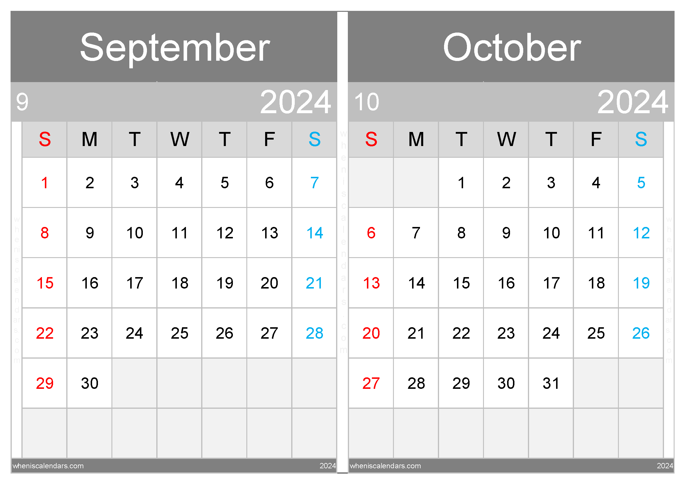 Download September and October 2024 printable calendar A4 SO242034