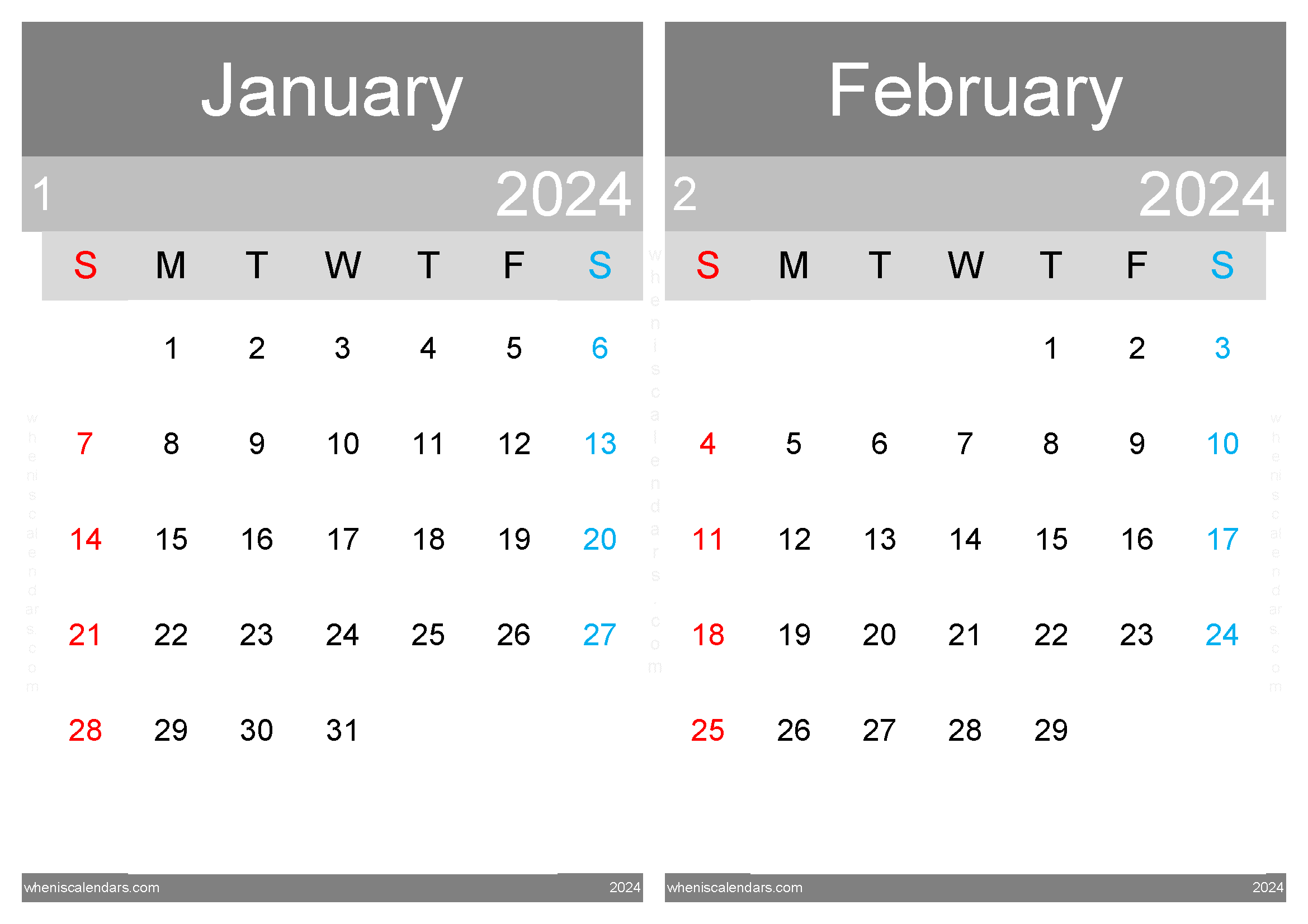 Download printable January February 2024 calendar A4 JF242005