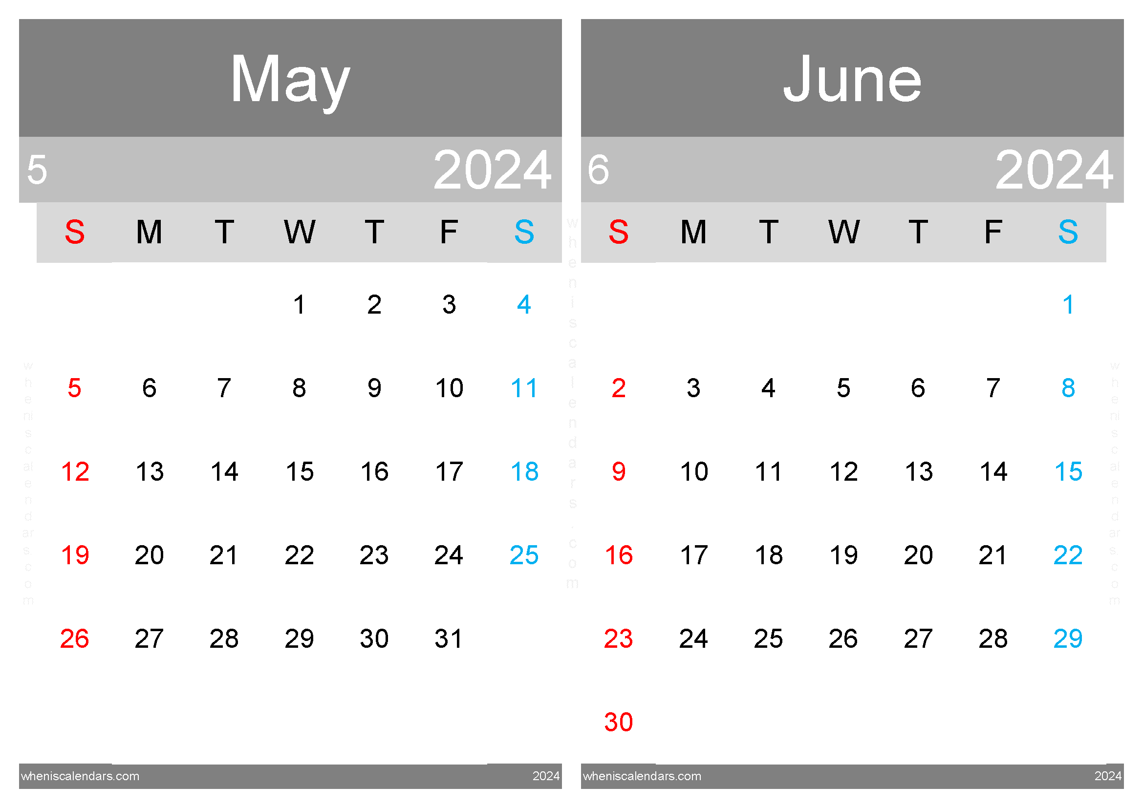 Download printable May June 2024 calendar A4 MJ24005