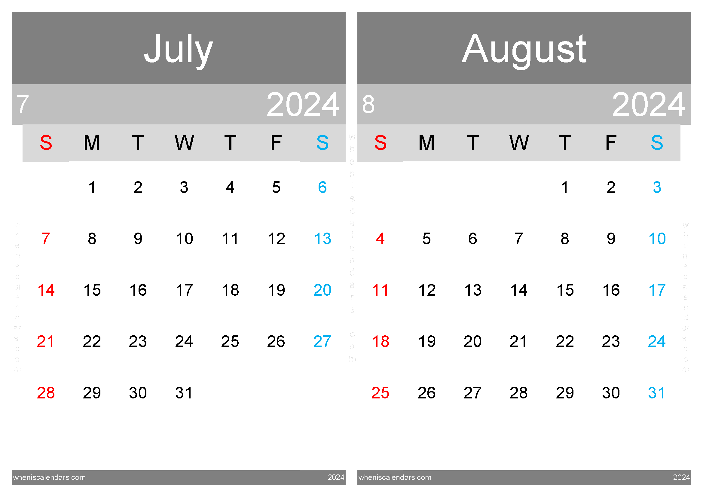 Download printable July August 2024 calendar A4 JA24005
