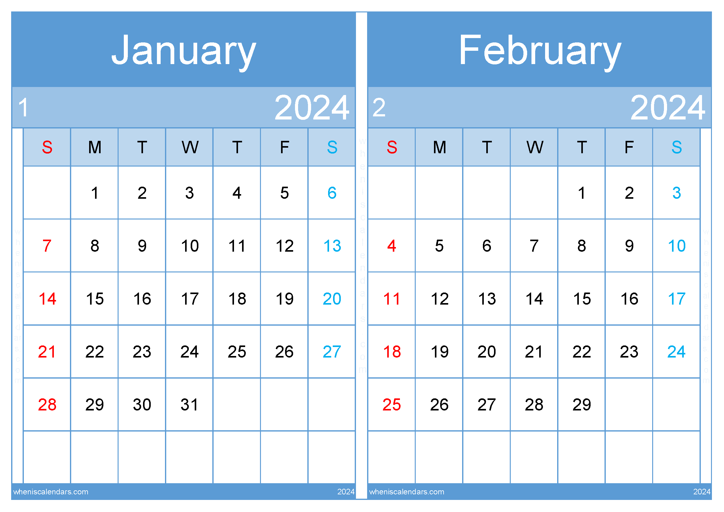 January and February 2024 Calendar Two-Month