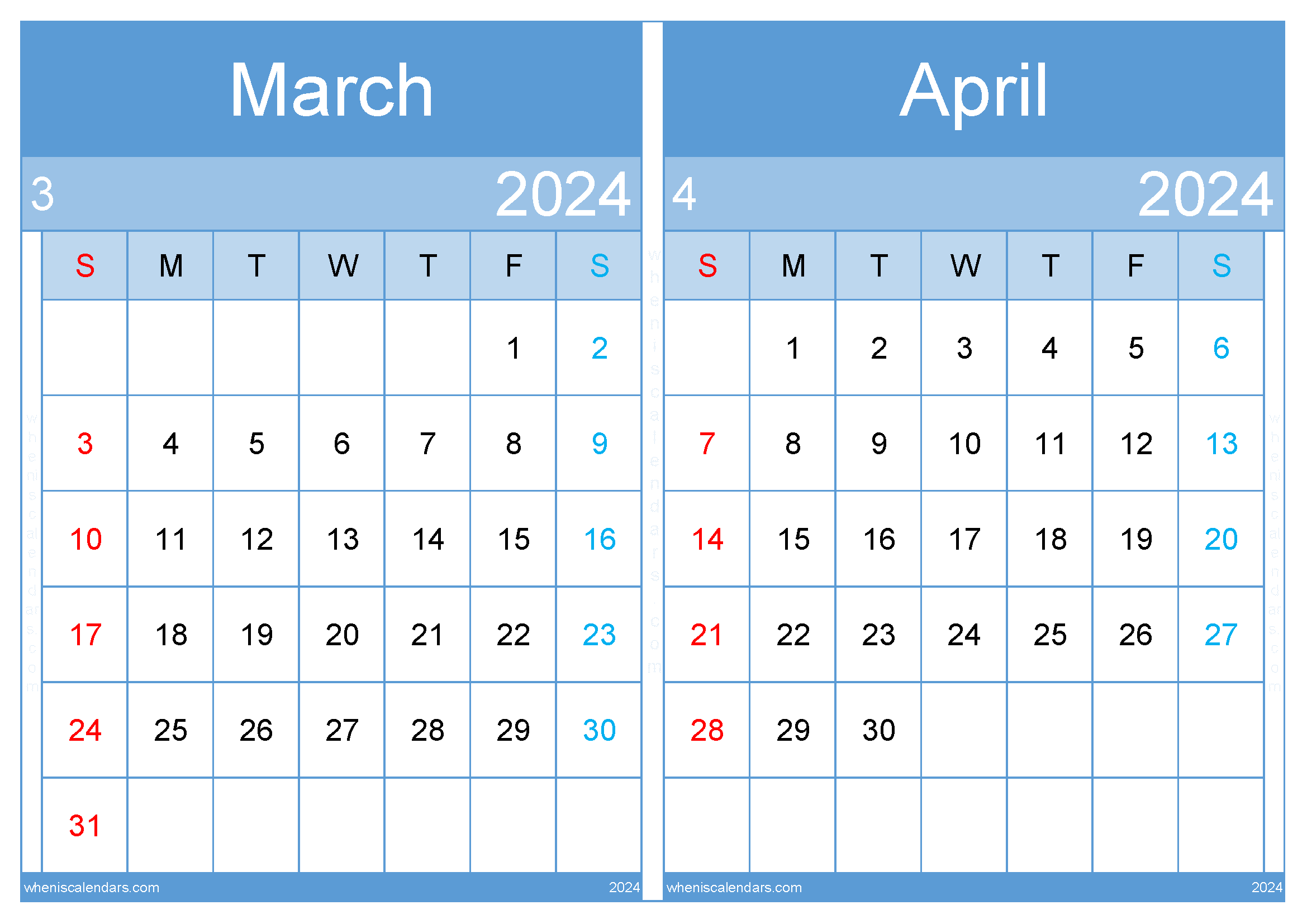Download March and April 2024 calendar A4 MA24006