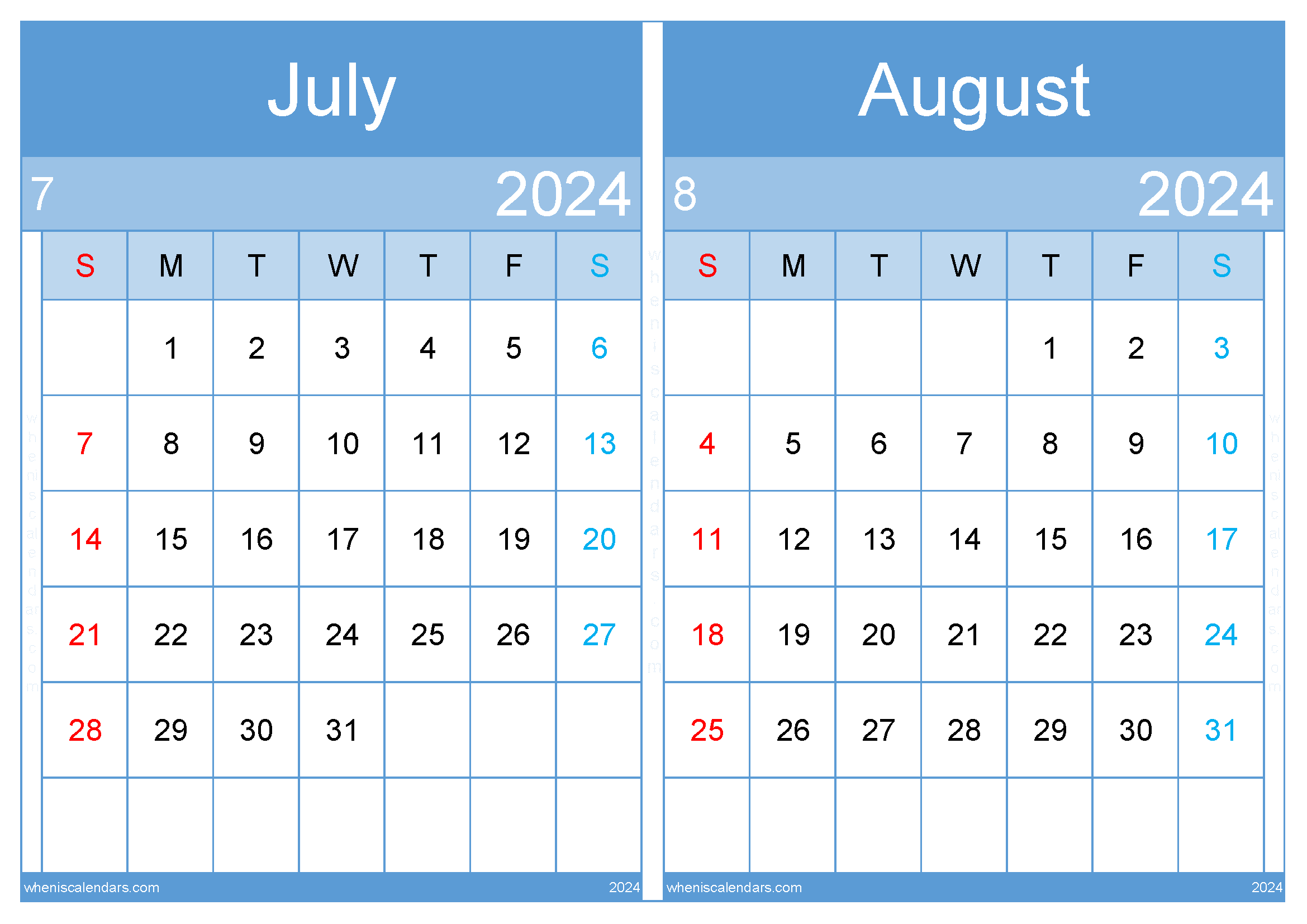 Download July and August 2024 calendar A4 JA24006