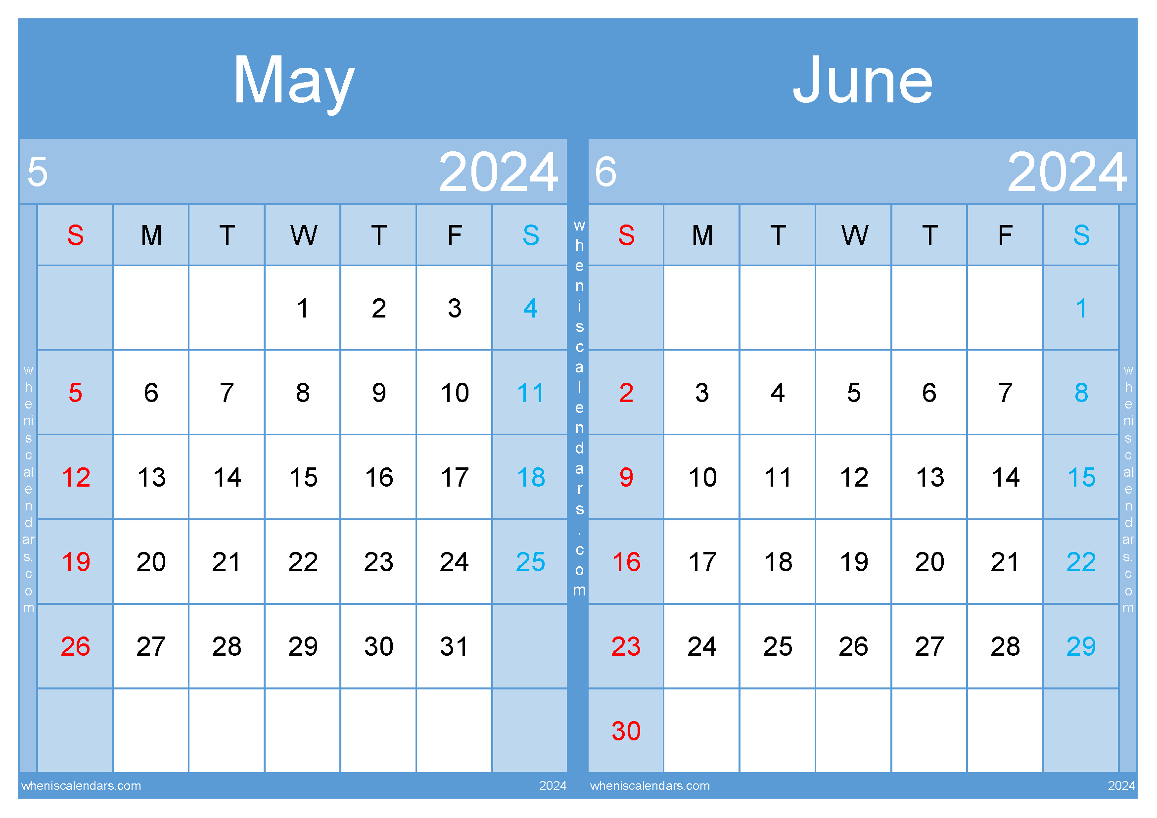 Download May June 2024 calendar printable A4 MJ24007