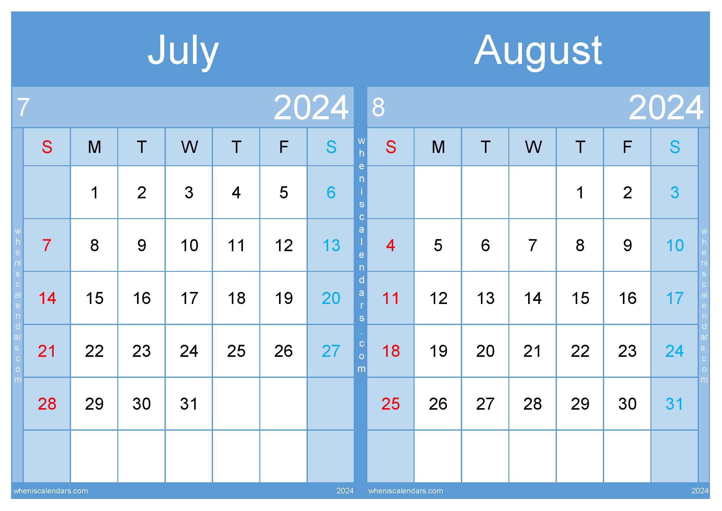 Download Jul August 2024 calendar printable A4 JA24007