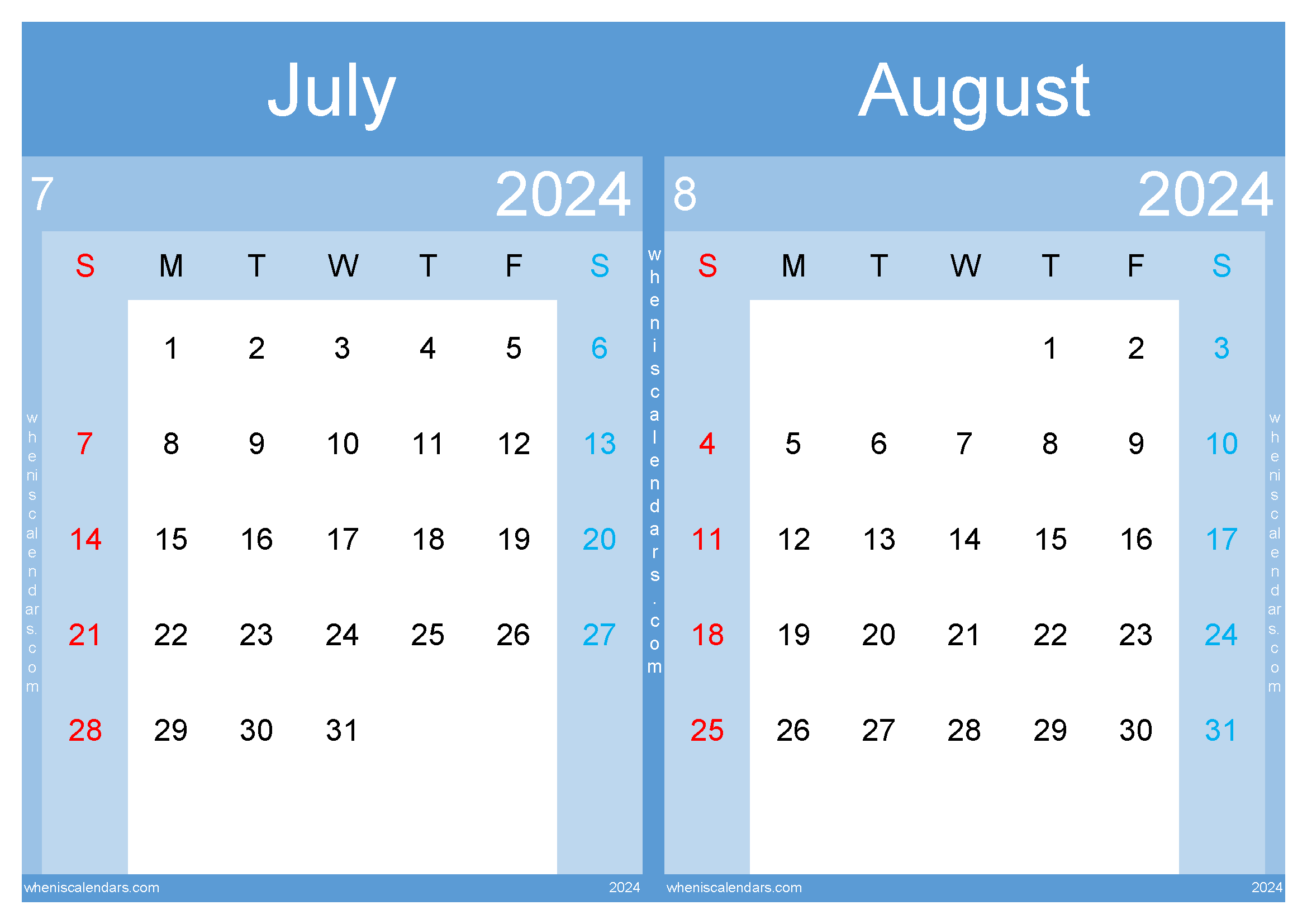 Download July August calendar 2024 A4 JA24008