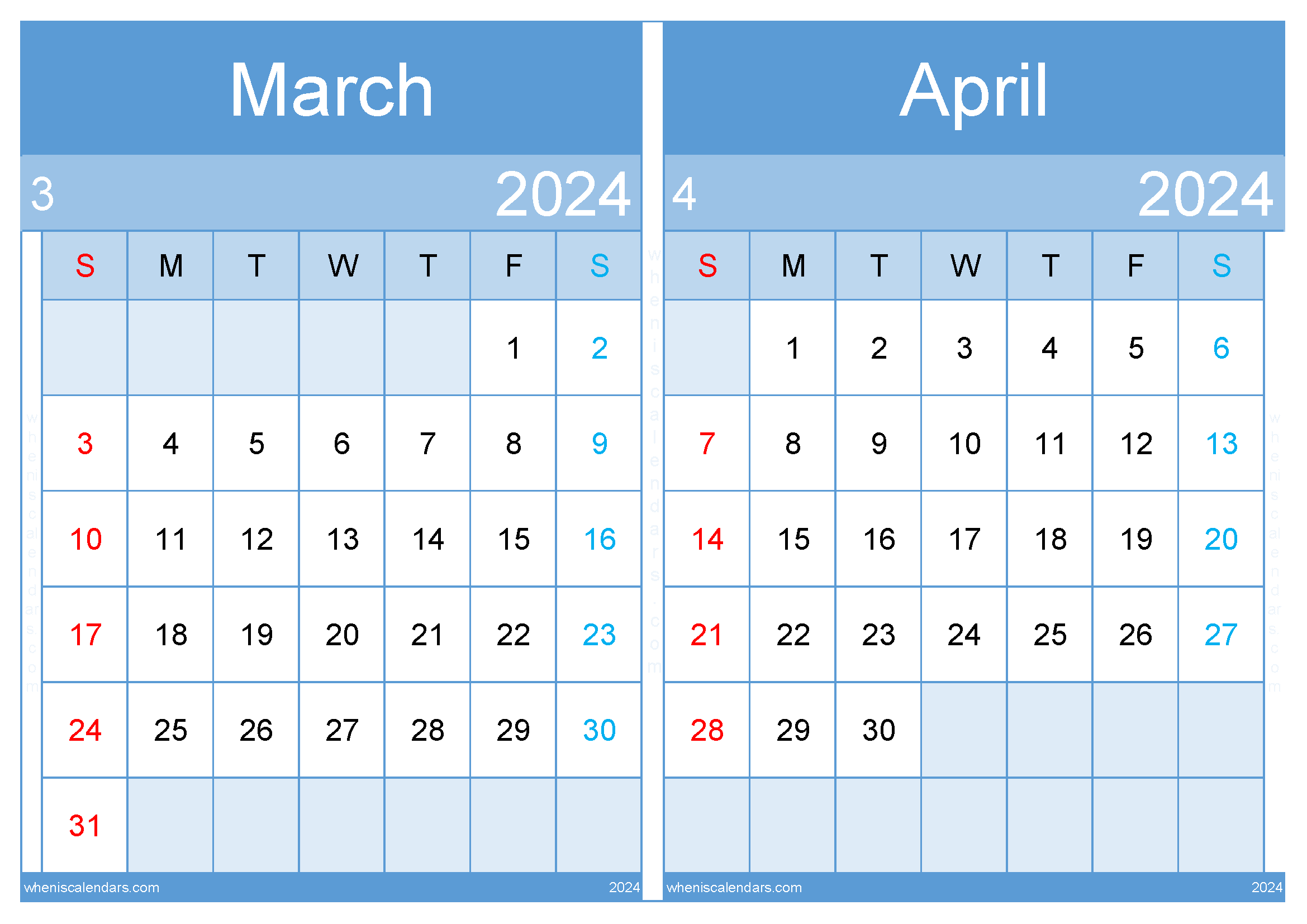 Download March April 2024 calendar pdf A4 MA24009