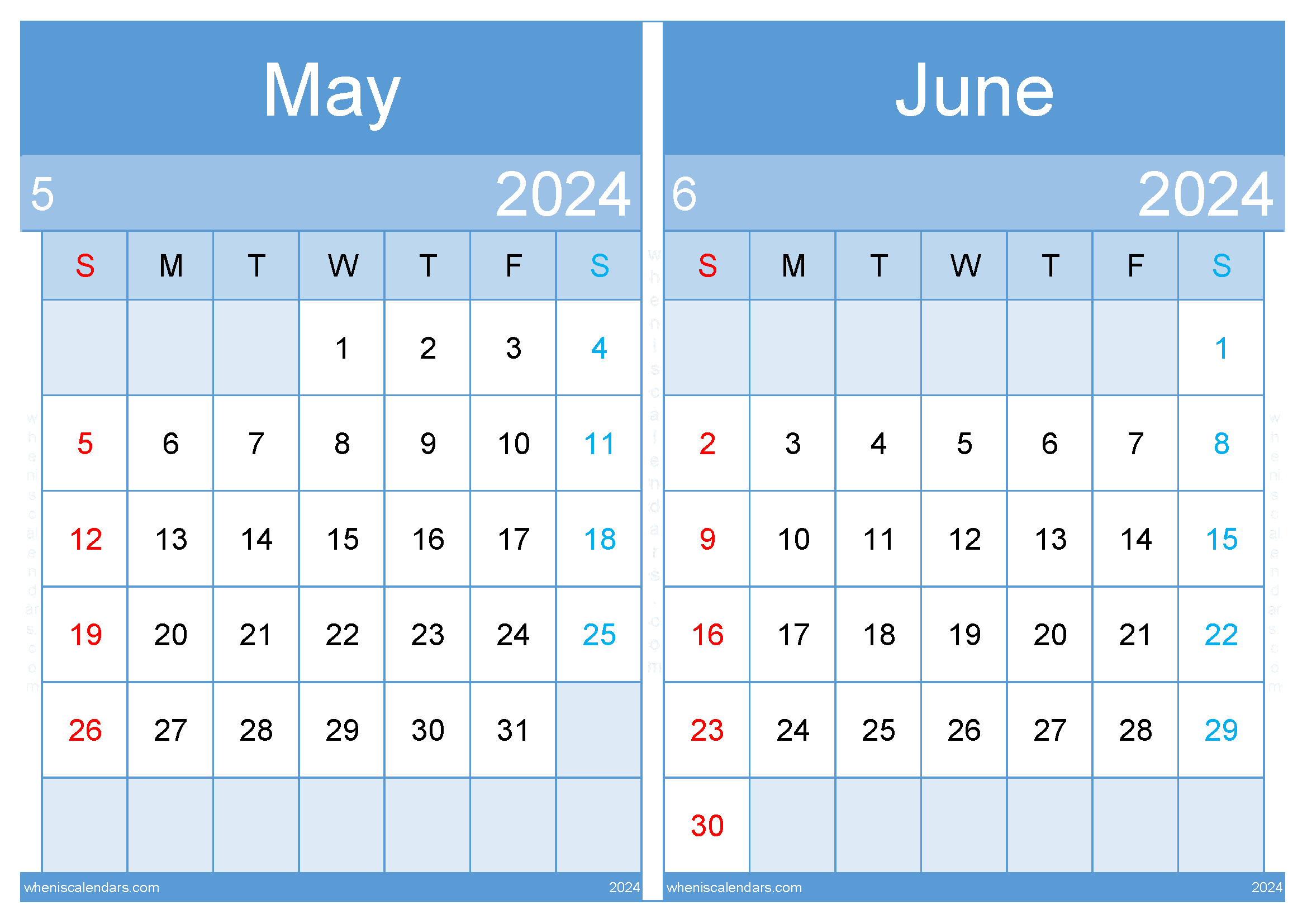 Download May June 2024 calendar pdf A4 MJ24009