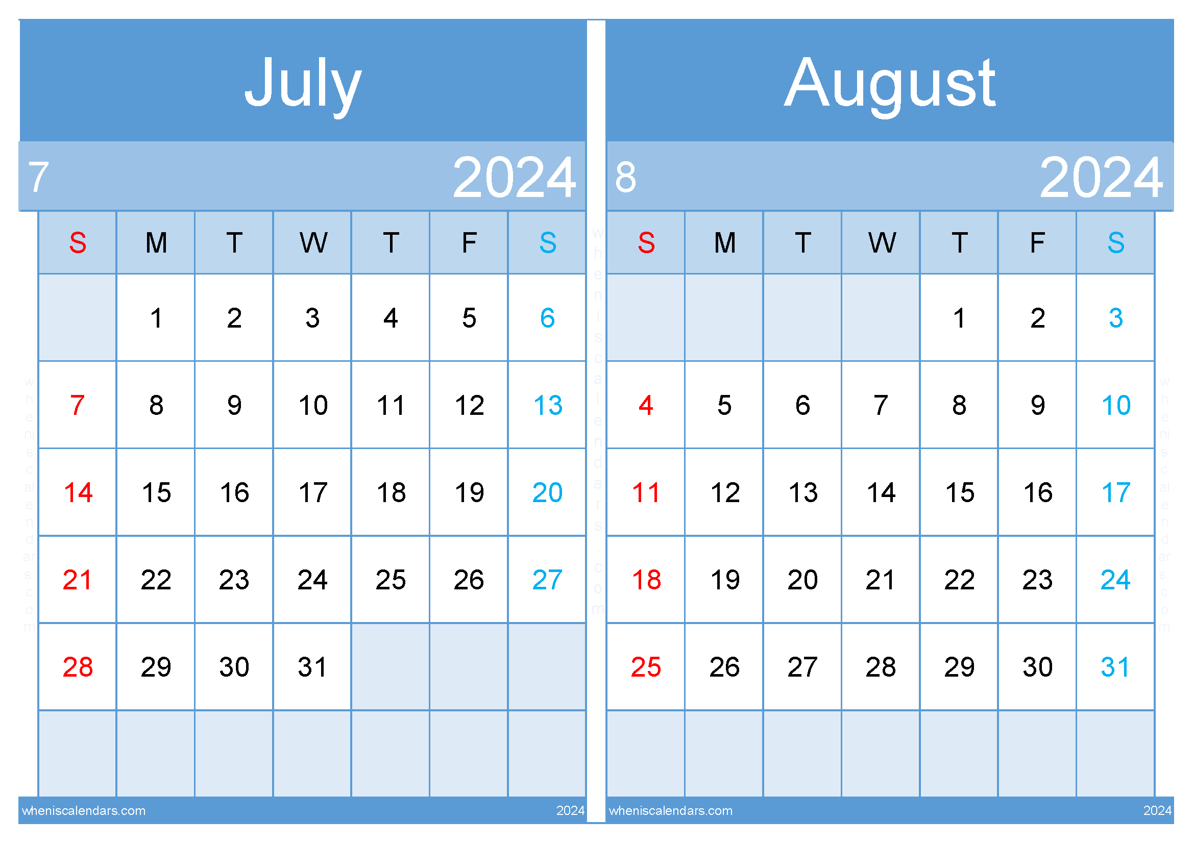 Download July August 2024 calendar pdf A4 JA24009