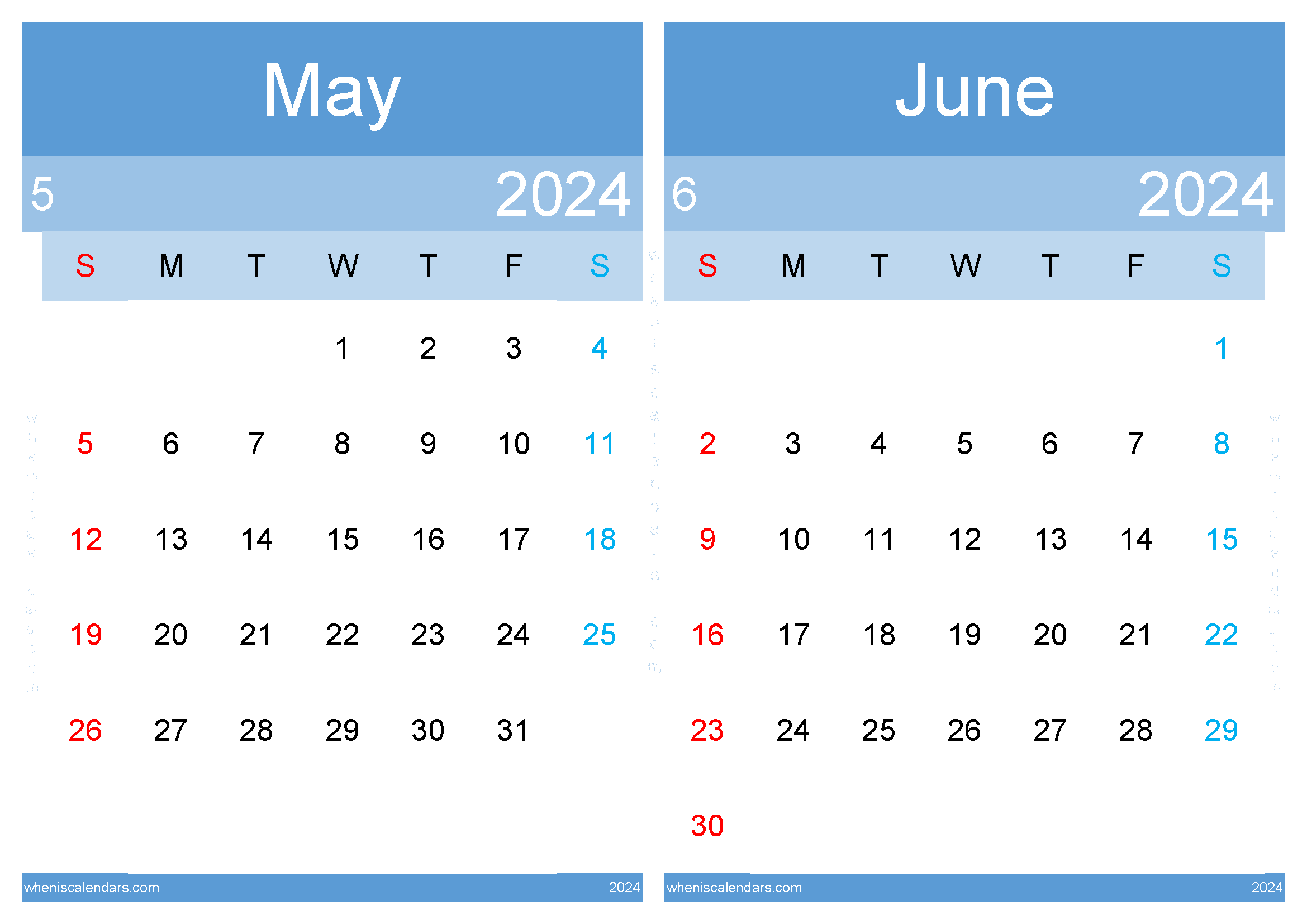 Download May June calendar 2024 A4 MJ24010