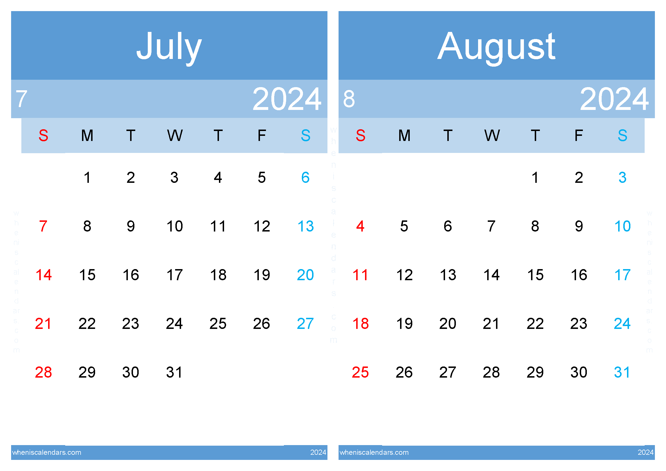 Download printable calendar for July and August 2024 A4 JA24040