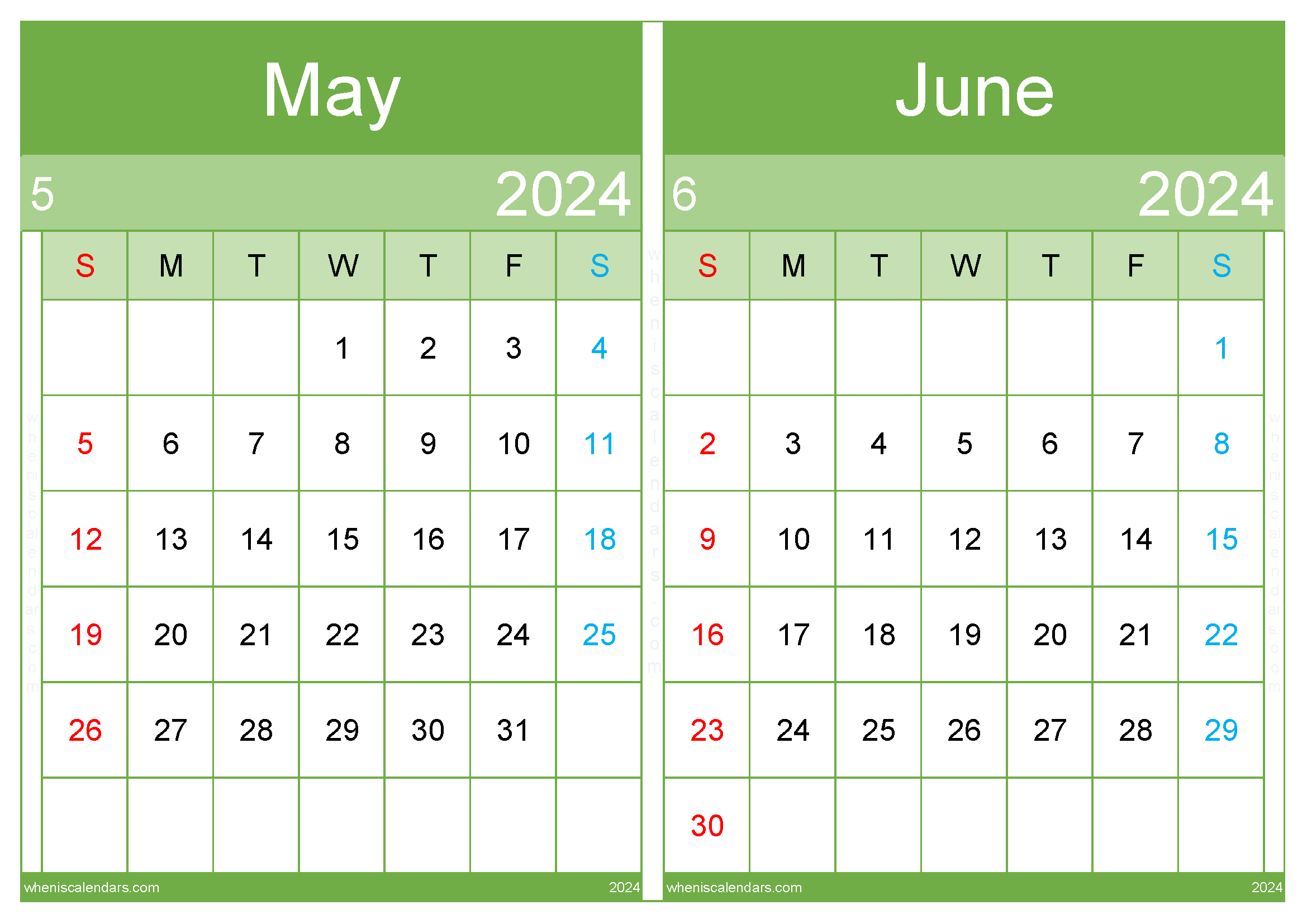 Download May and June calendar printable 2024 A4 MJ242041