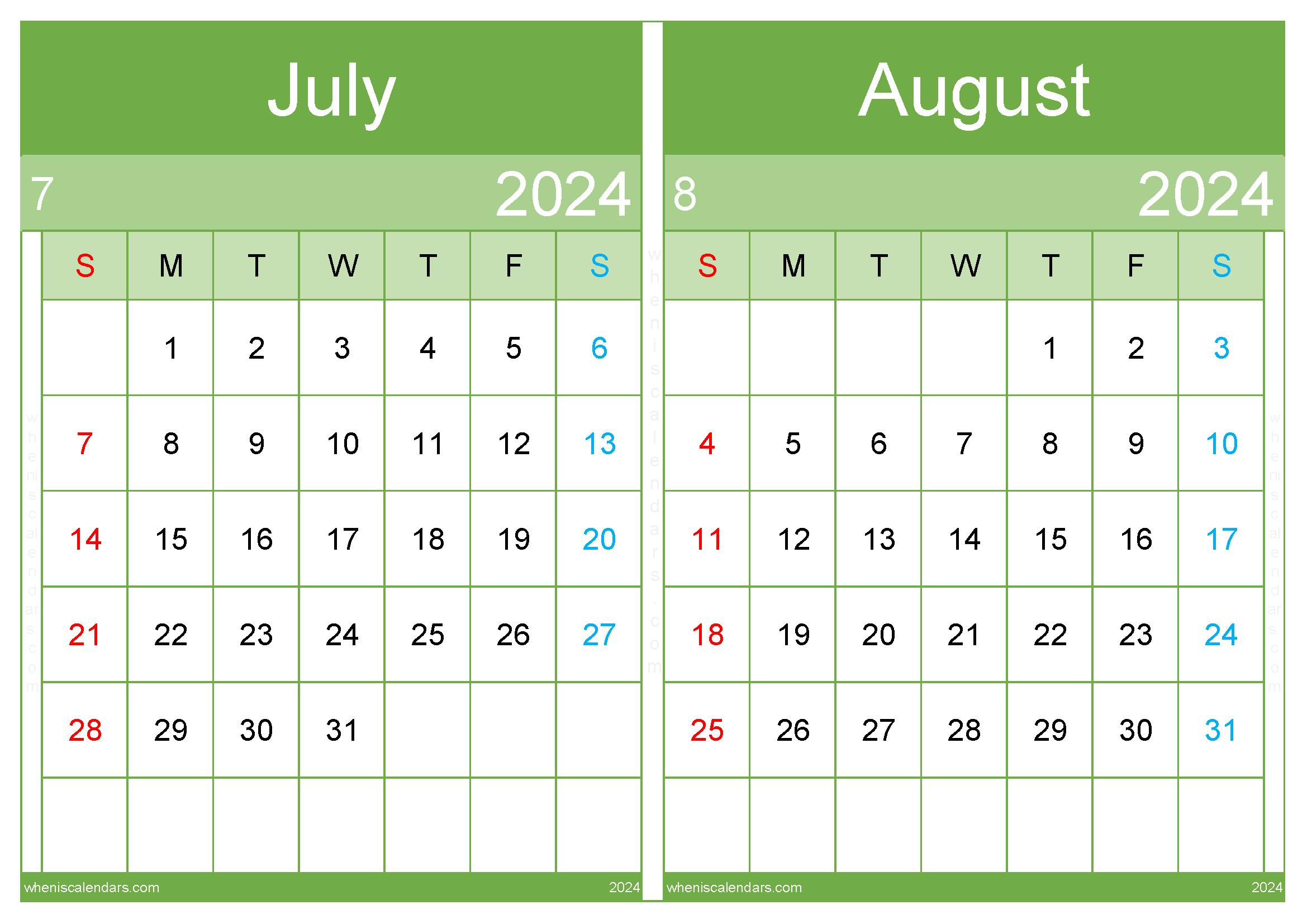 Download July and August calendar printable 2024 A4 JA24041