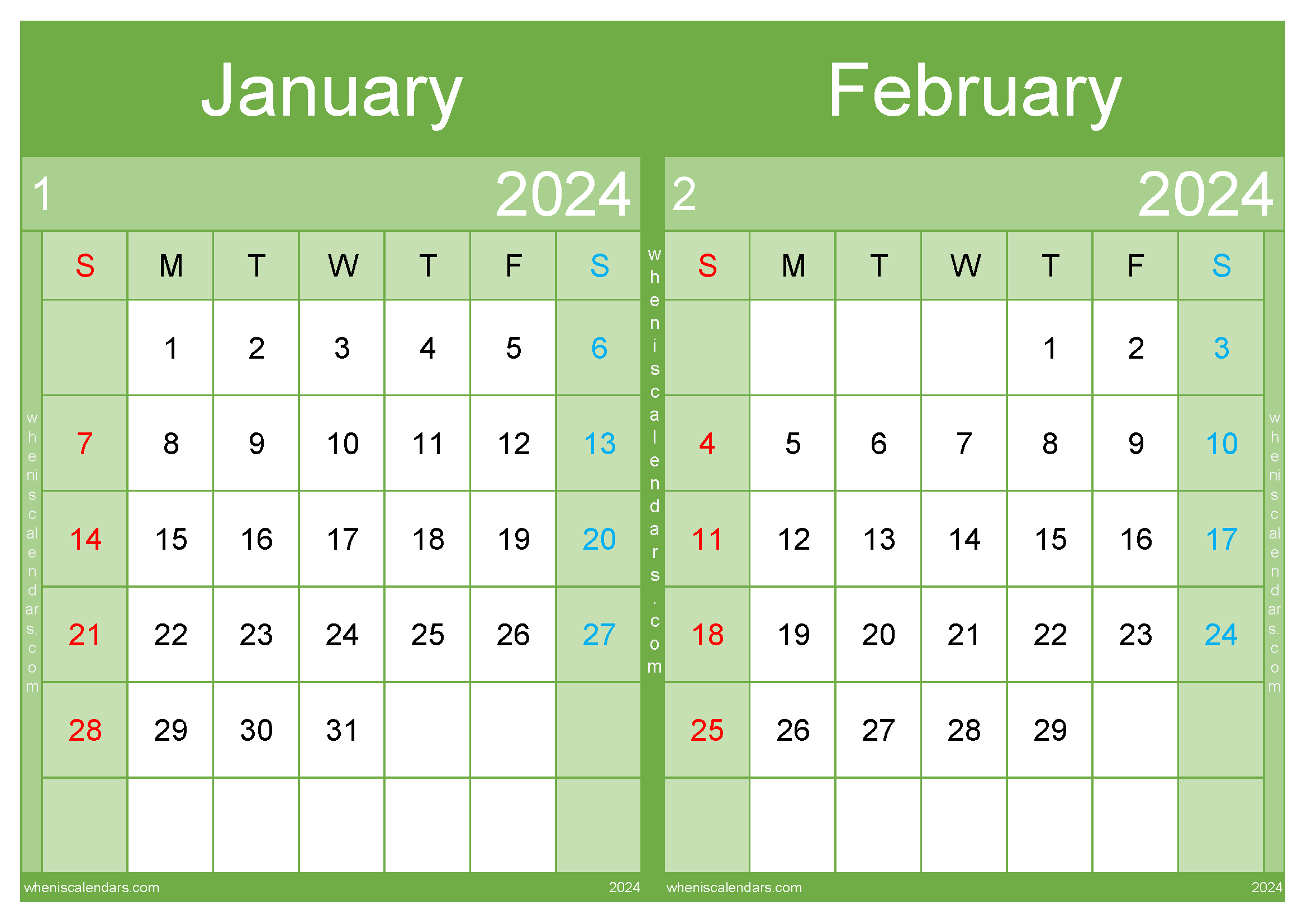 Jan and February 2024 Calendar Two-Month