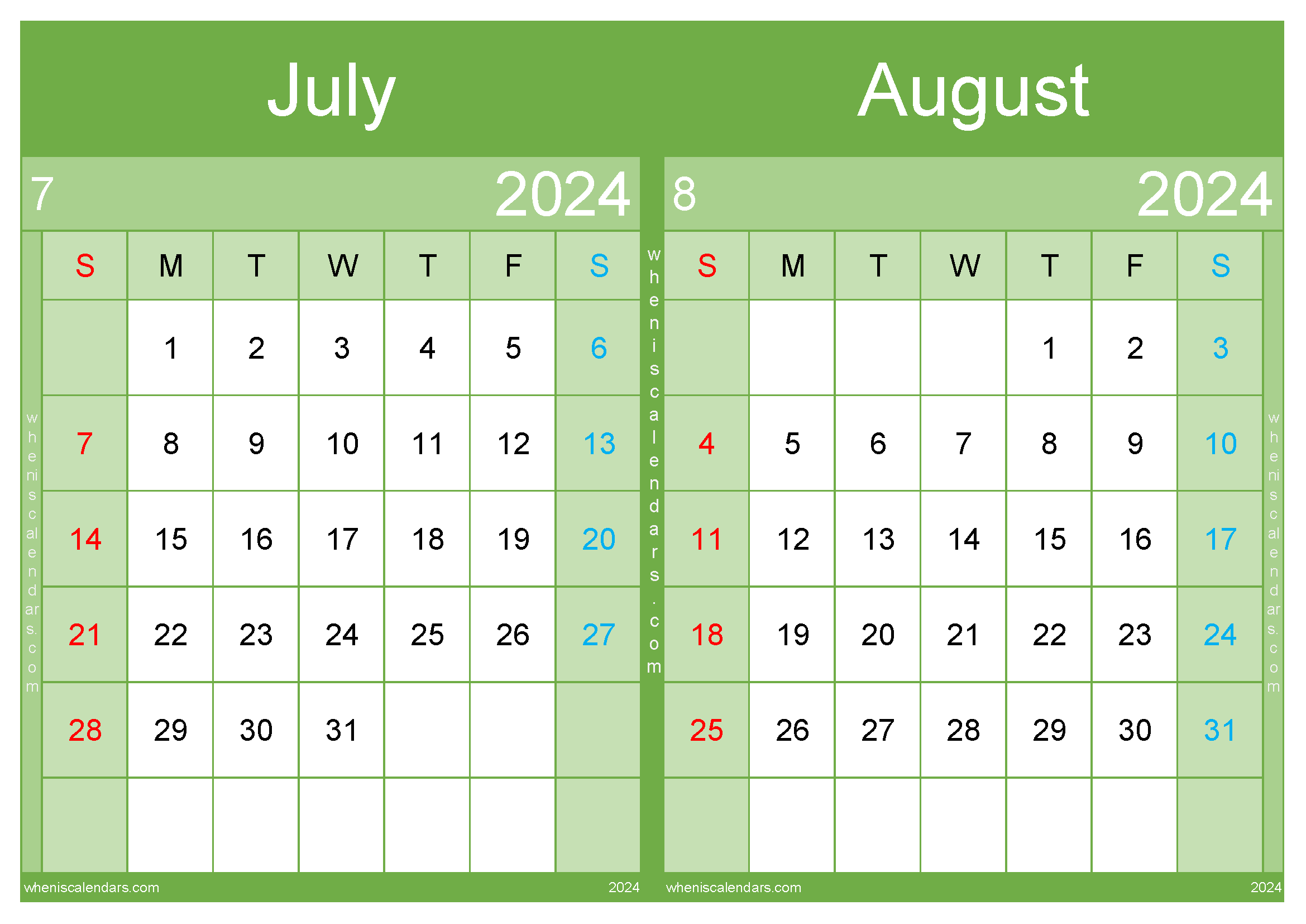 Download Jul and August 2024 calendar A4 JA24012