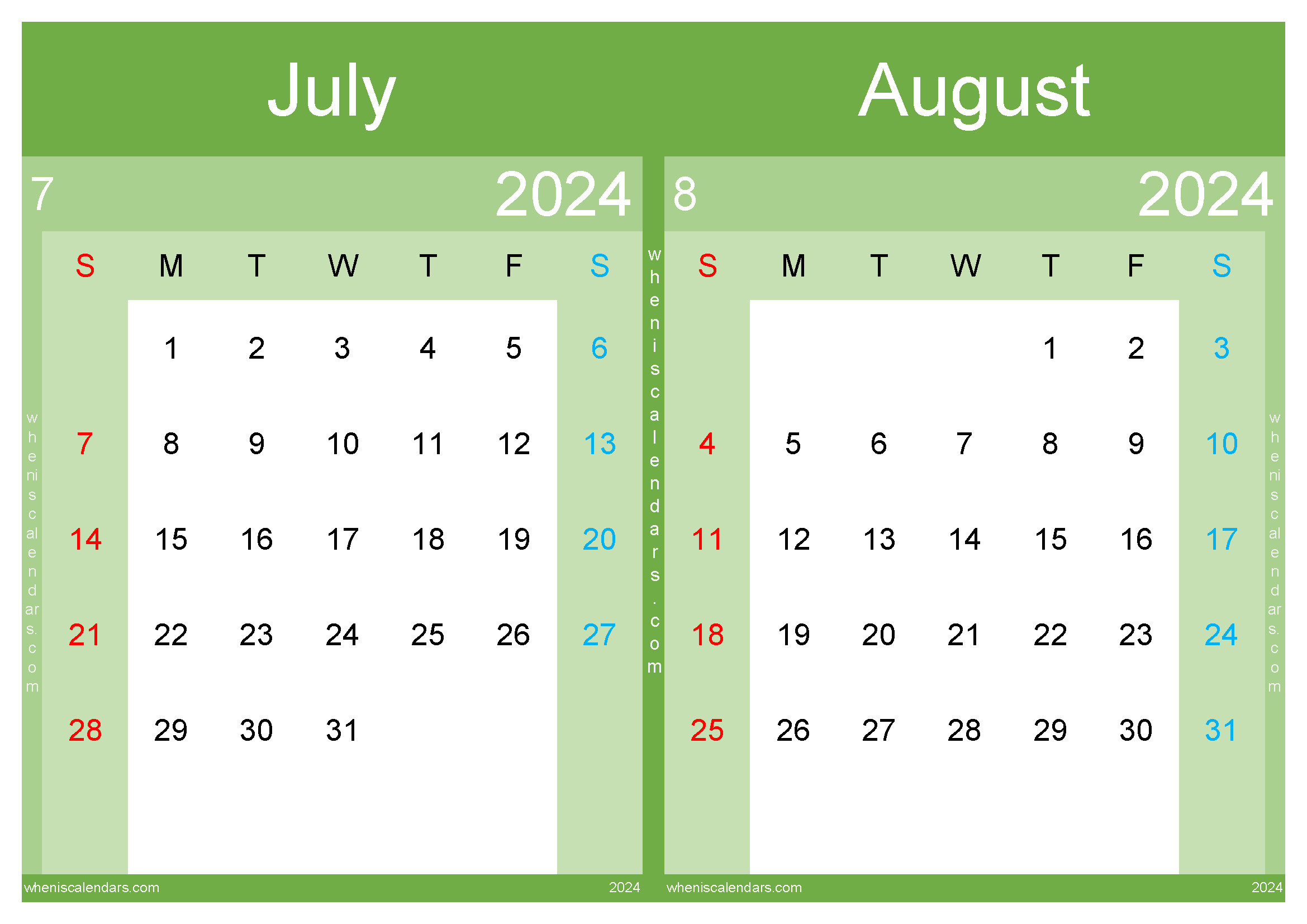 Download 2024 Jul Aug calendar A4 JA24043