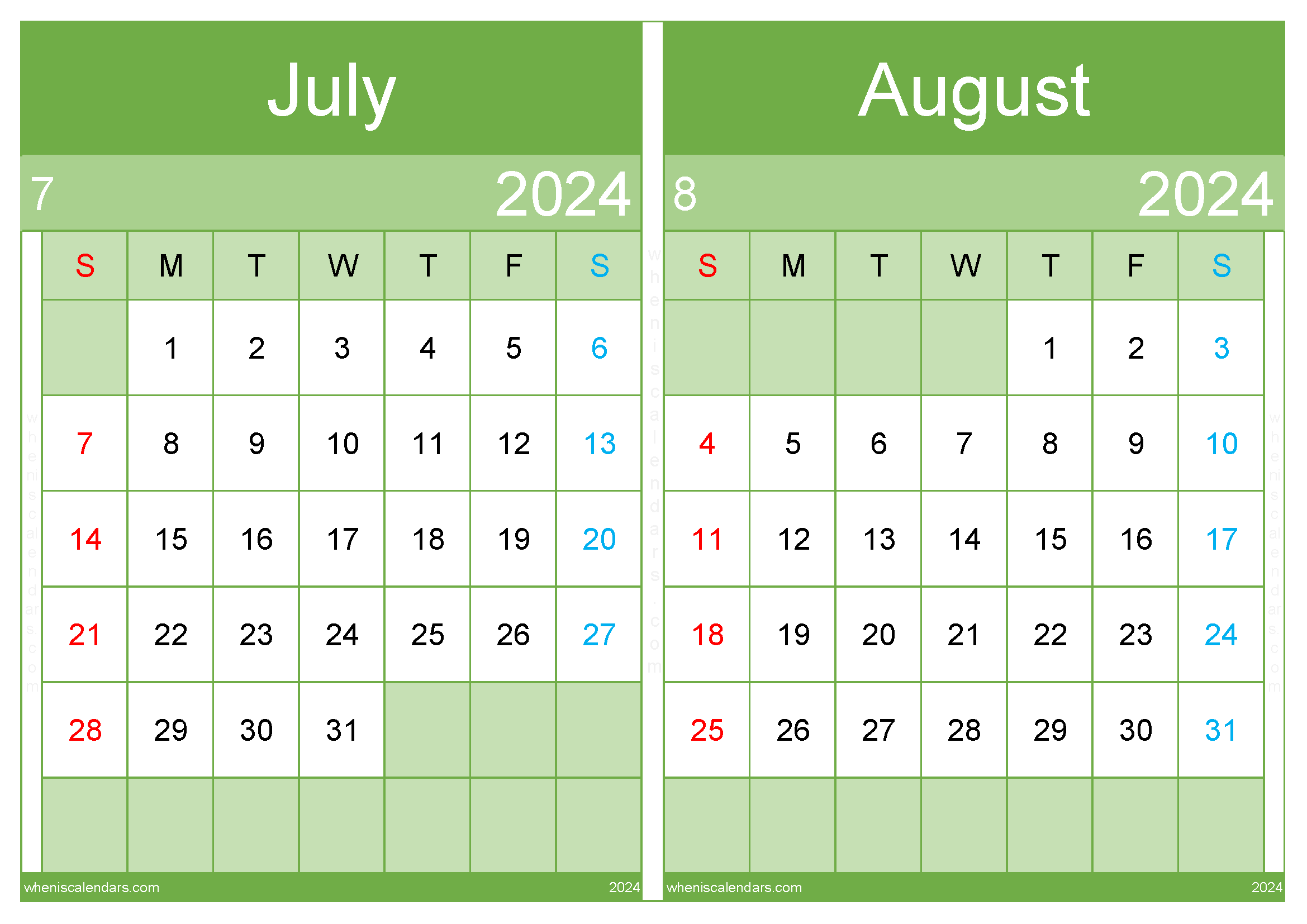 Download July and August calendar 2024 A4 JA24014