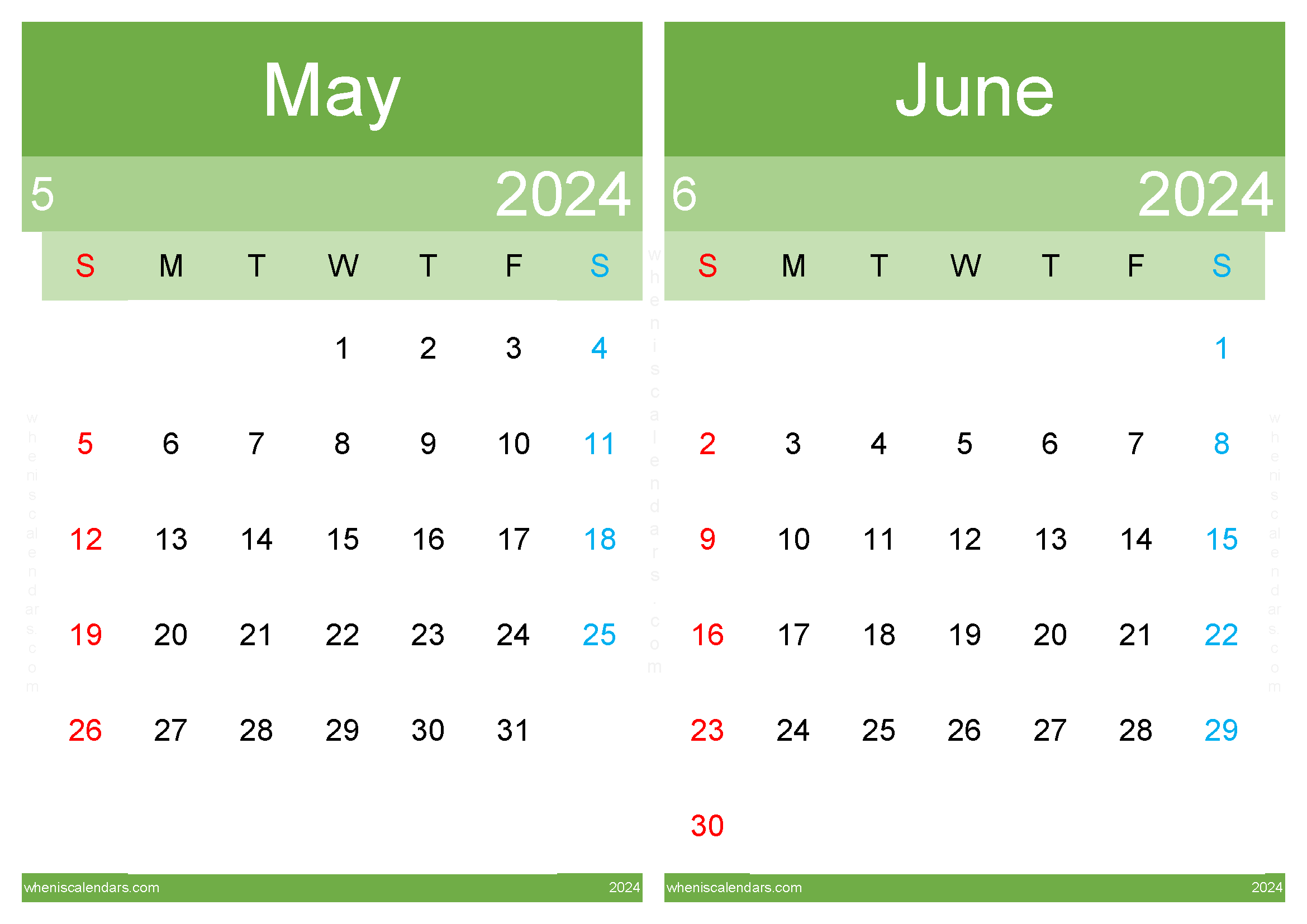 Download calendar May June 2024 A4 MJ24015