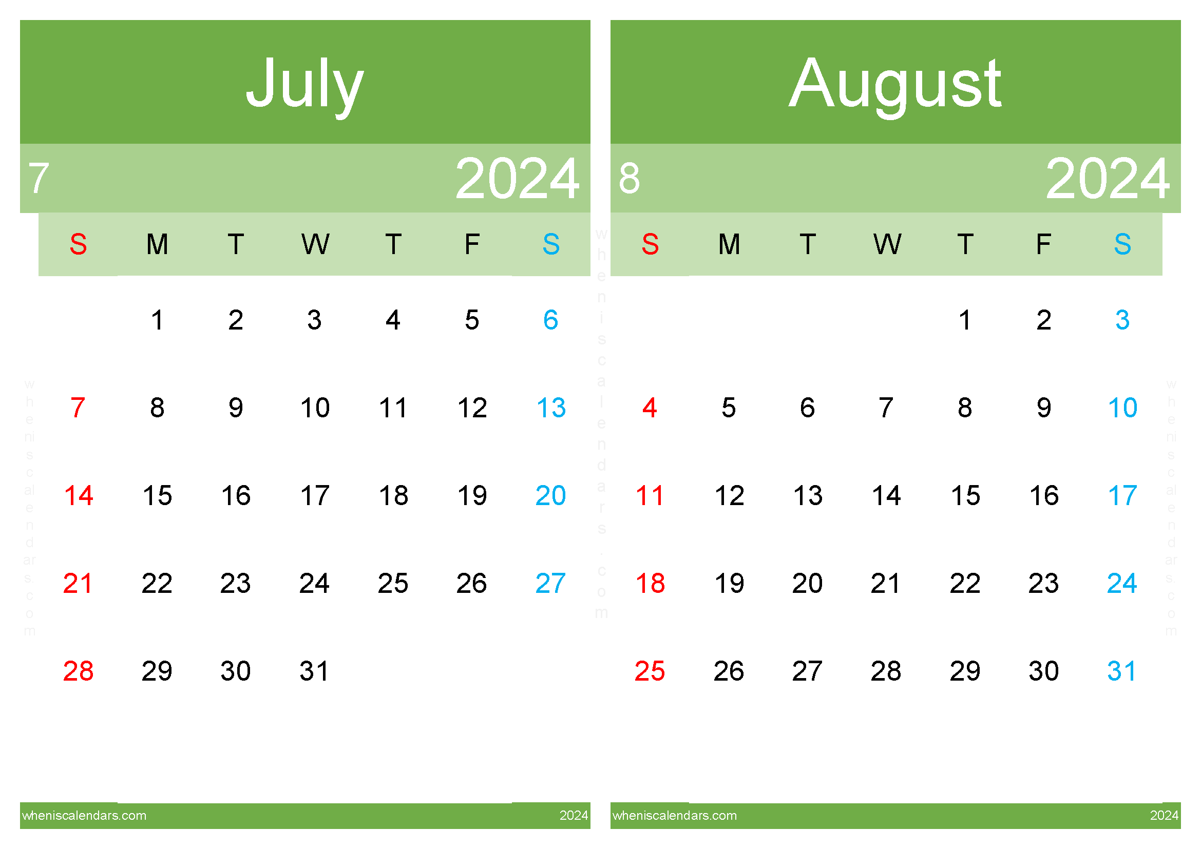 Download printable calendar Jul Aug 2024 A4 JA24045