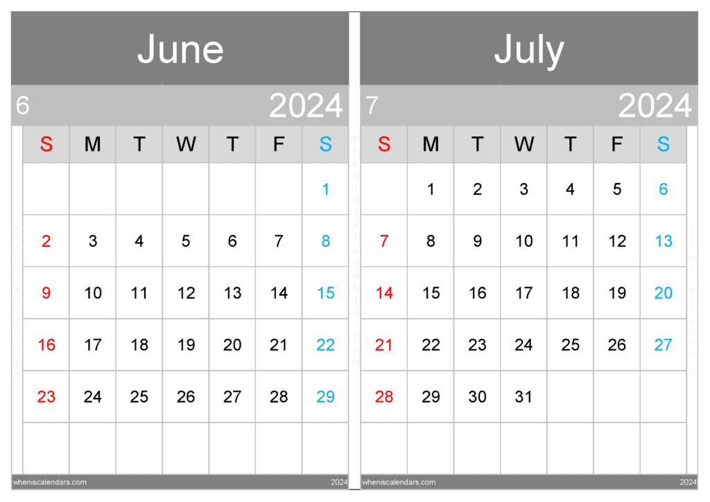 Download June July 2024 calendar A4 JJ24001