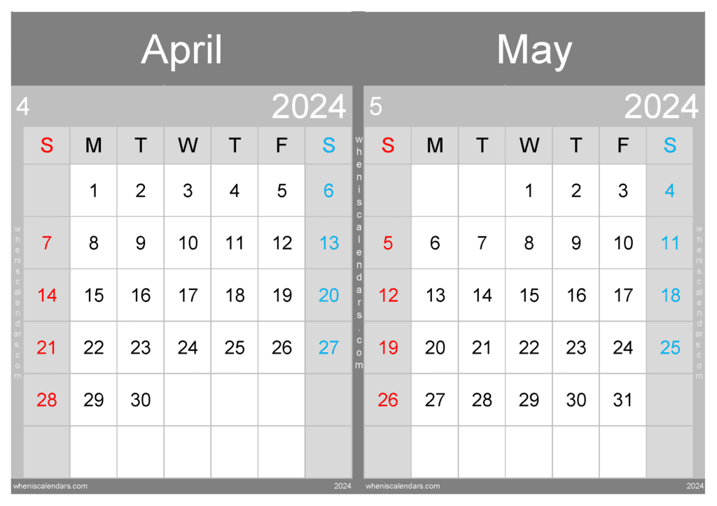 Download Apr May 2024 calendar A4 AM24002
