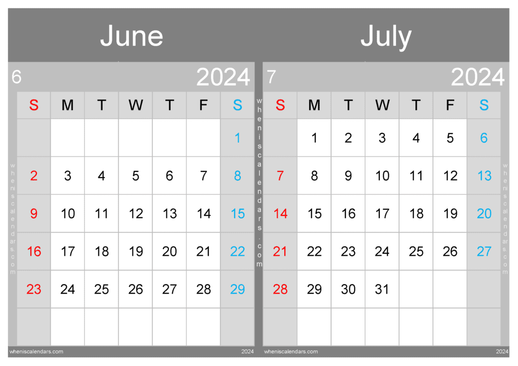 Download 2024 calendar June and July A4 JJ24032