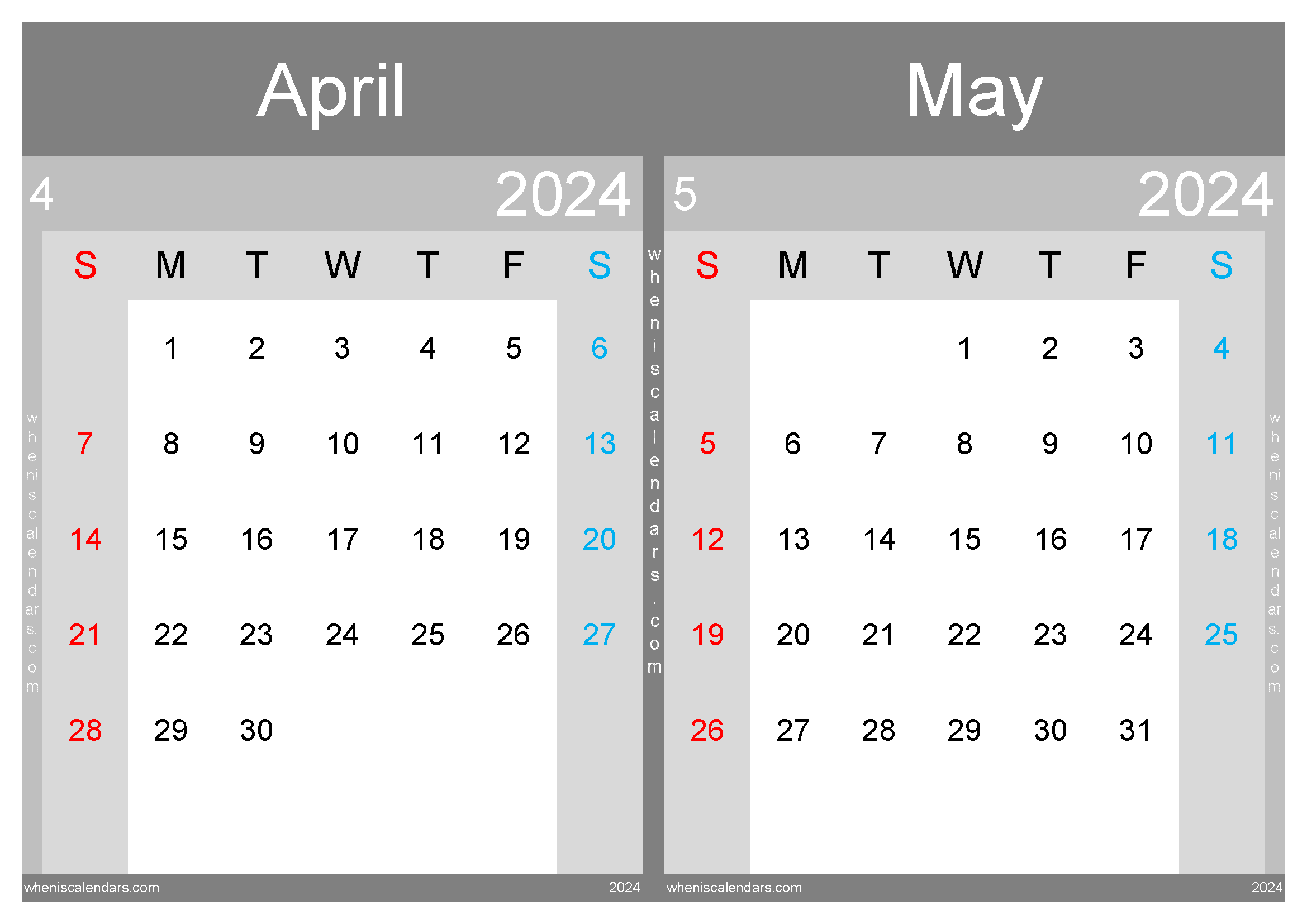 Download printable April and May 2024 calendar A4 AM242033