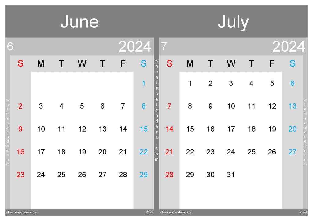 Download printable June and July 2024 calendar A4 JJ24033