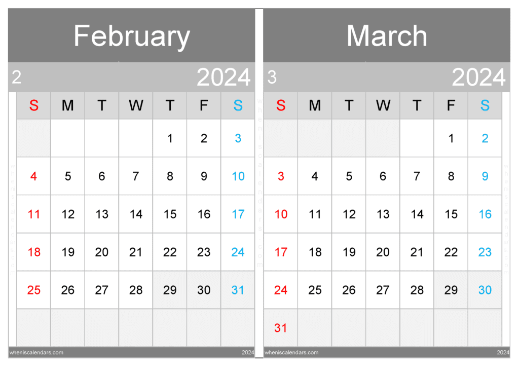 Download February and March 2024 printable calendar A4 FM24034