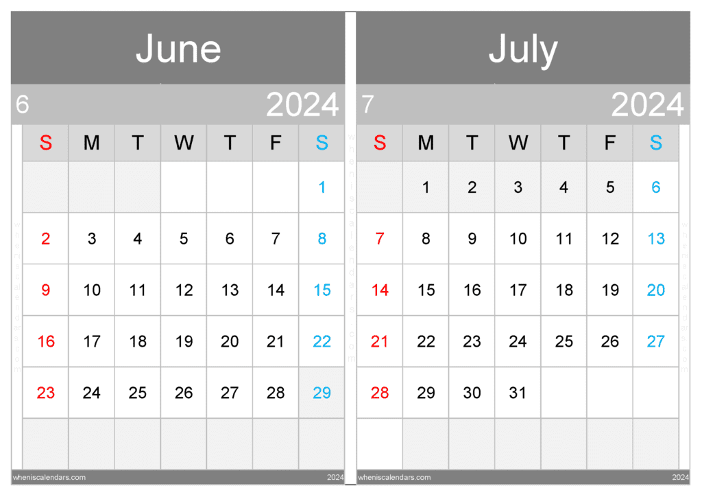 Download June and July 2024 printable calendar A4 JJ24034