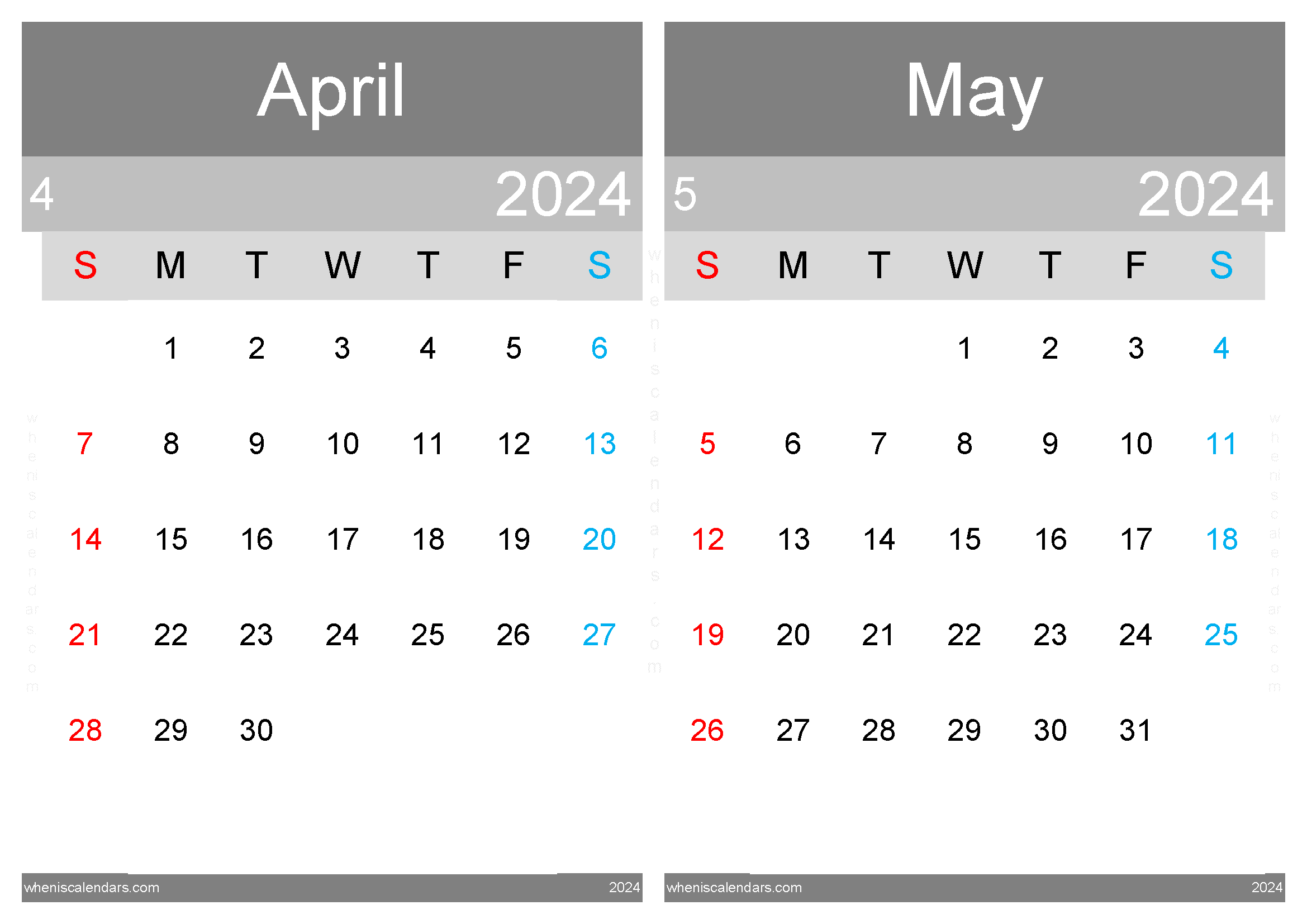 Download 2024 April and May calendar A4 AM242035
