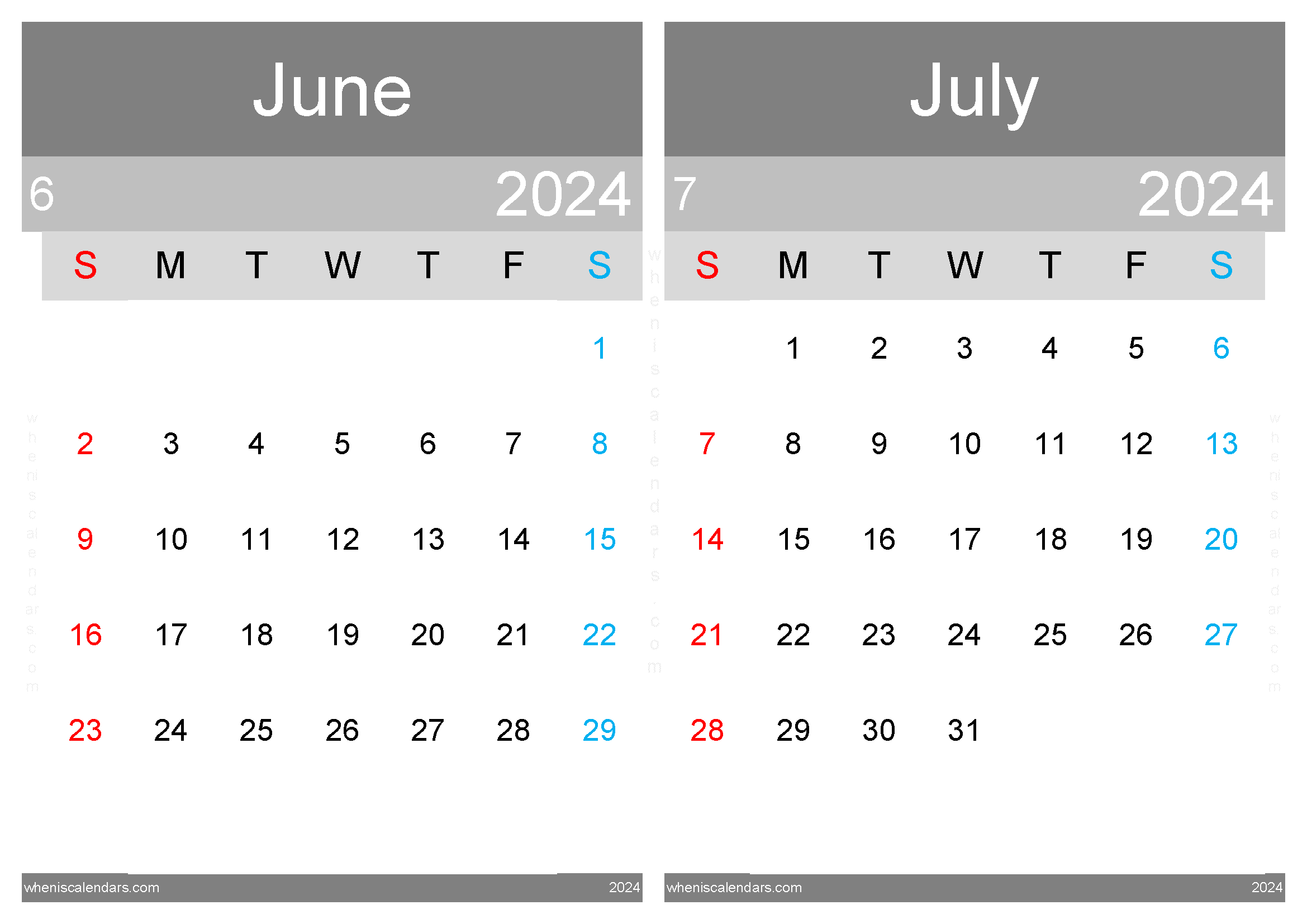 Download 2024 June and July calendar A4 JJ242035