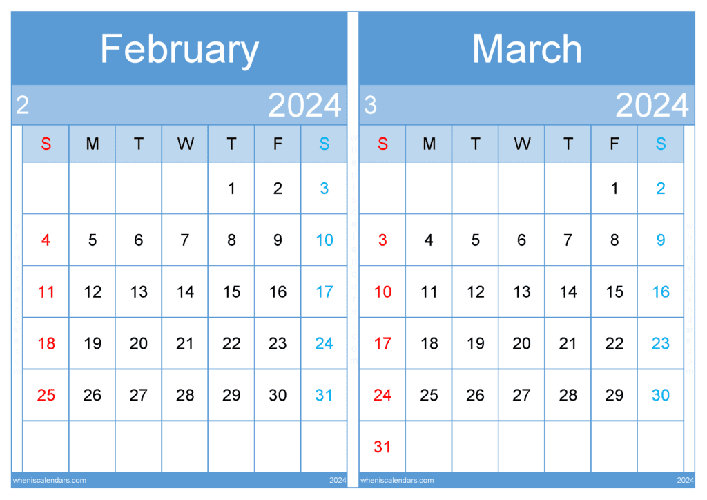 Download February and March 2024 calendar A4 FM24006