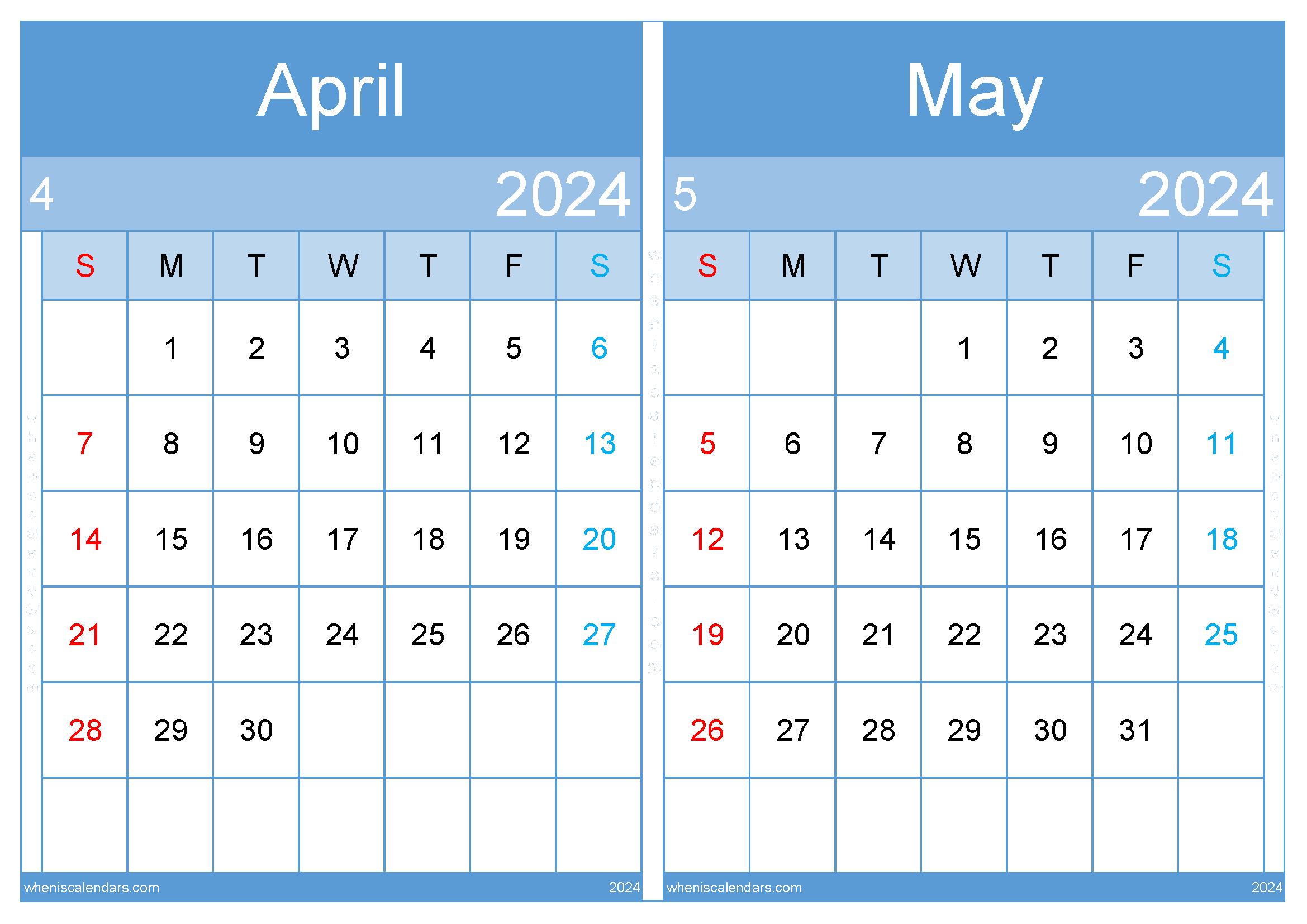 Download calendar 2024 April and May A4 AM242036