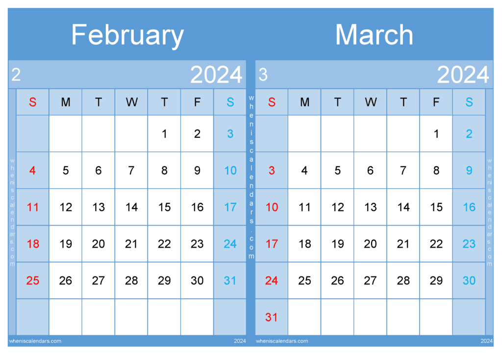 Download Feb March 2024 calendar printable A4 FM24007